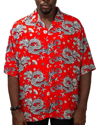 Men's white short sleeve button-down shirt with artistic tropical print featuring peacocks, abstract designs, and botanical elements