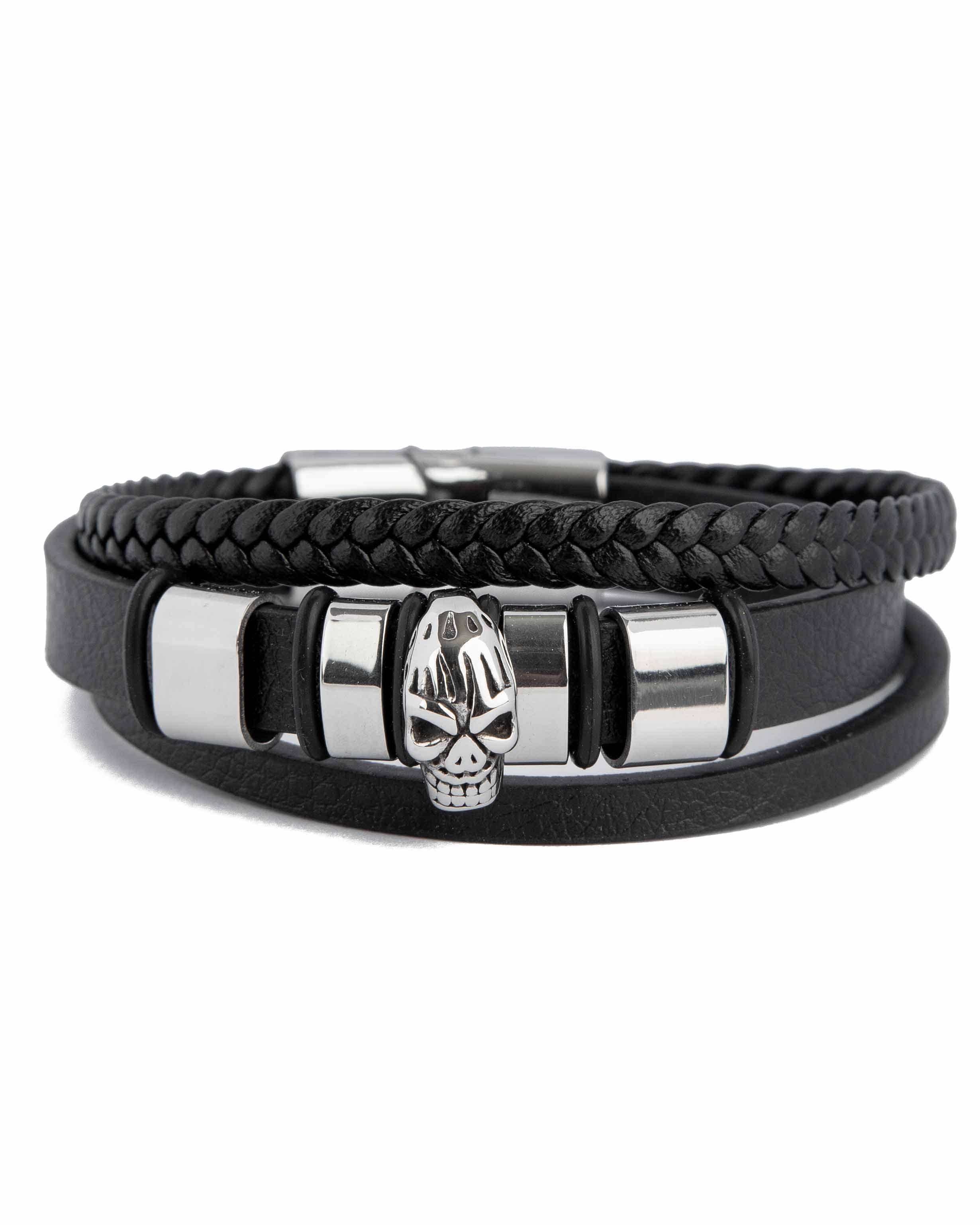 Layered Black Leather Skull Bracelet, 10659- Black