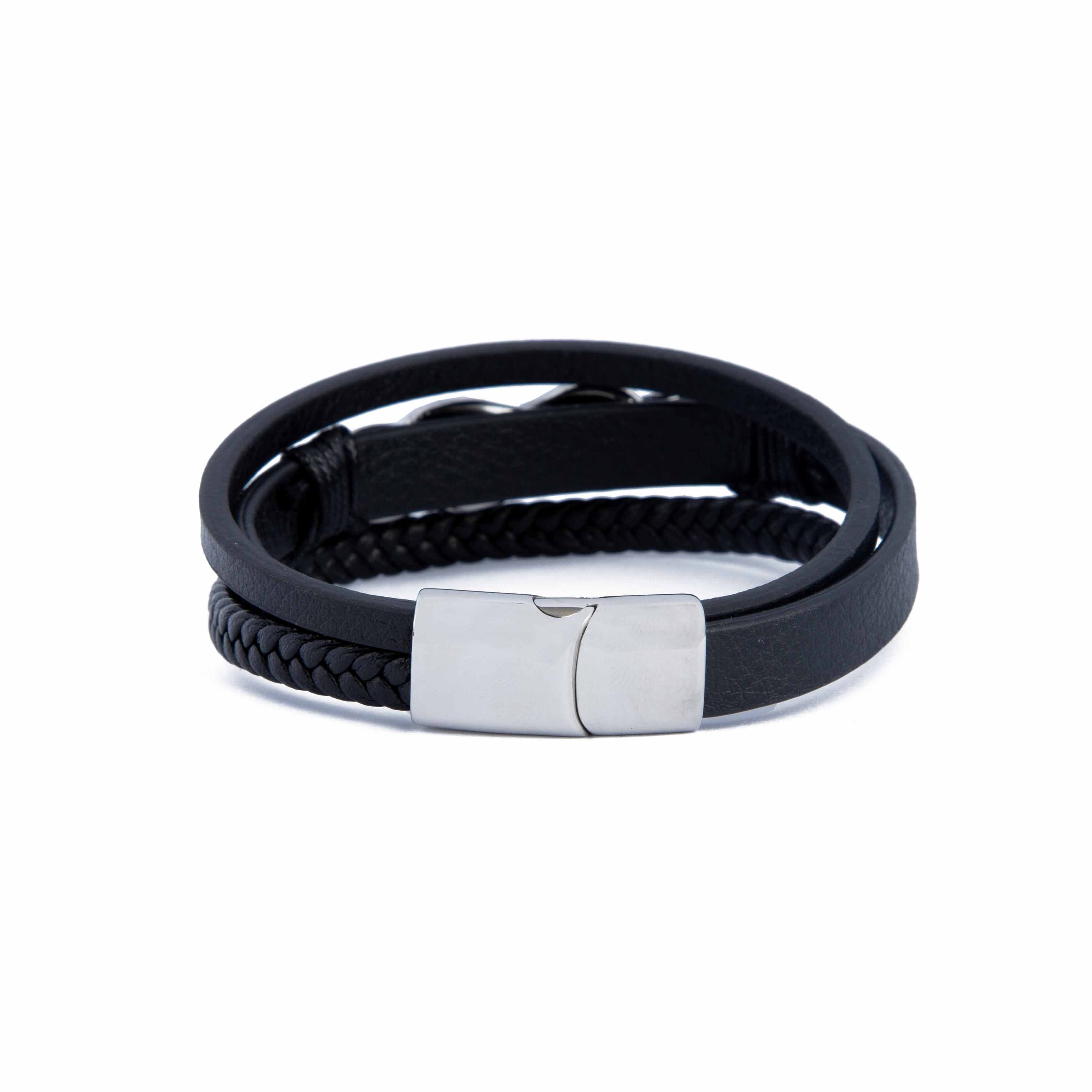 Layered Black Leather Bracelet with Silver Infinity Knot