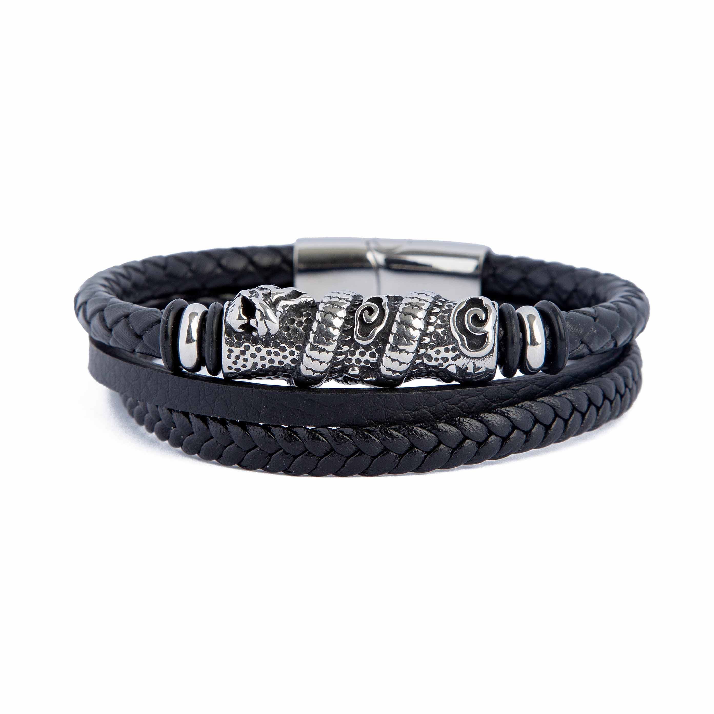 Predator Q1 Black Leather and Silver Bracelet