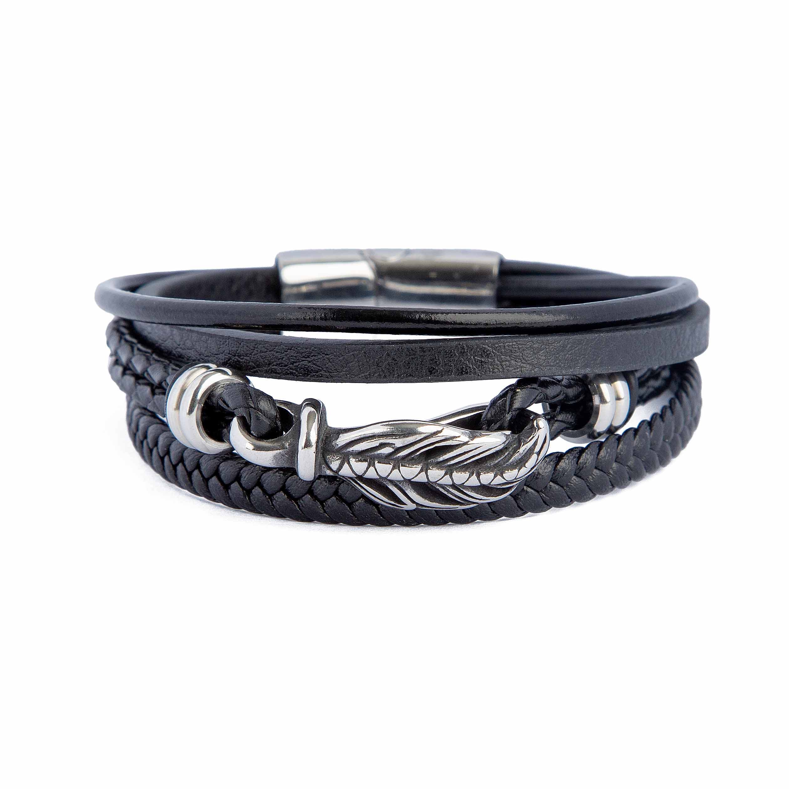 Multi-strand black leather bracelet with stainless steel feather clasp