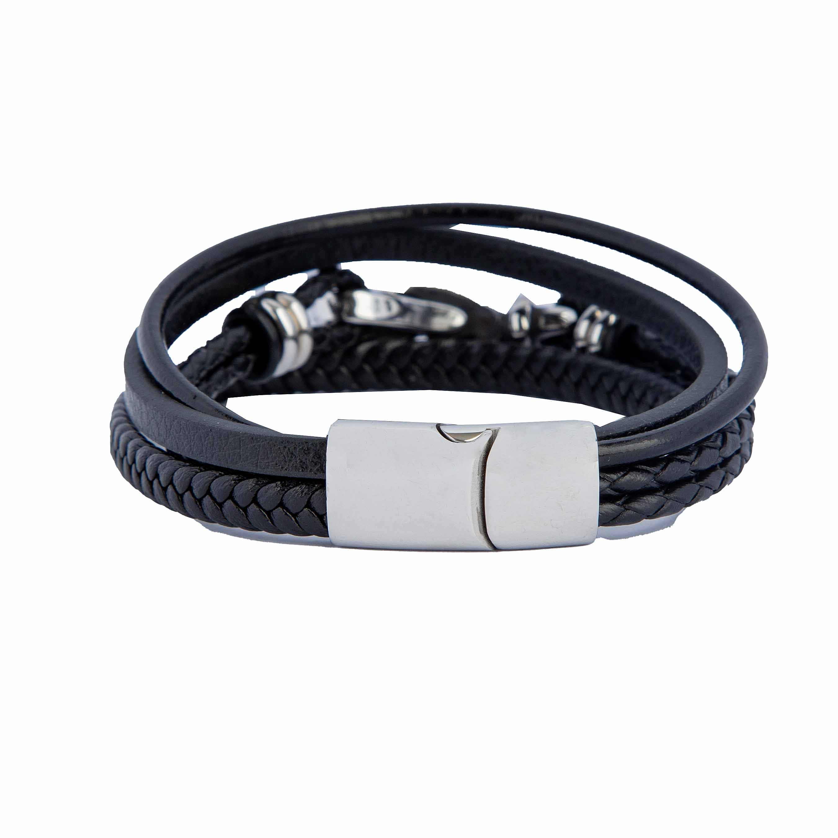 Multi-strand black leather bracelet with stainless steel feather clasp
