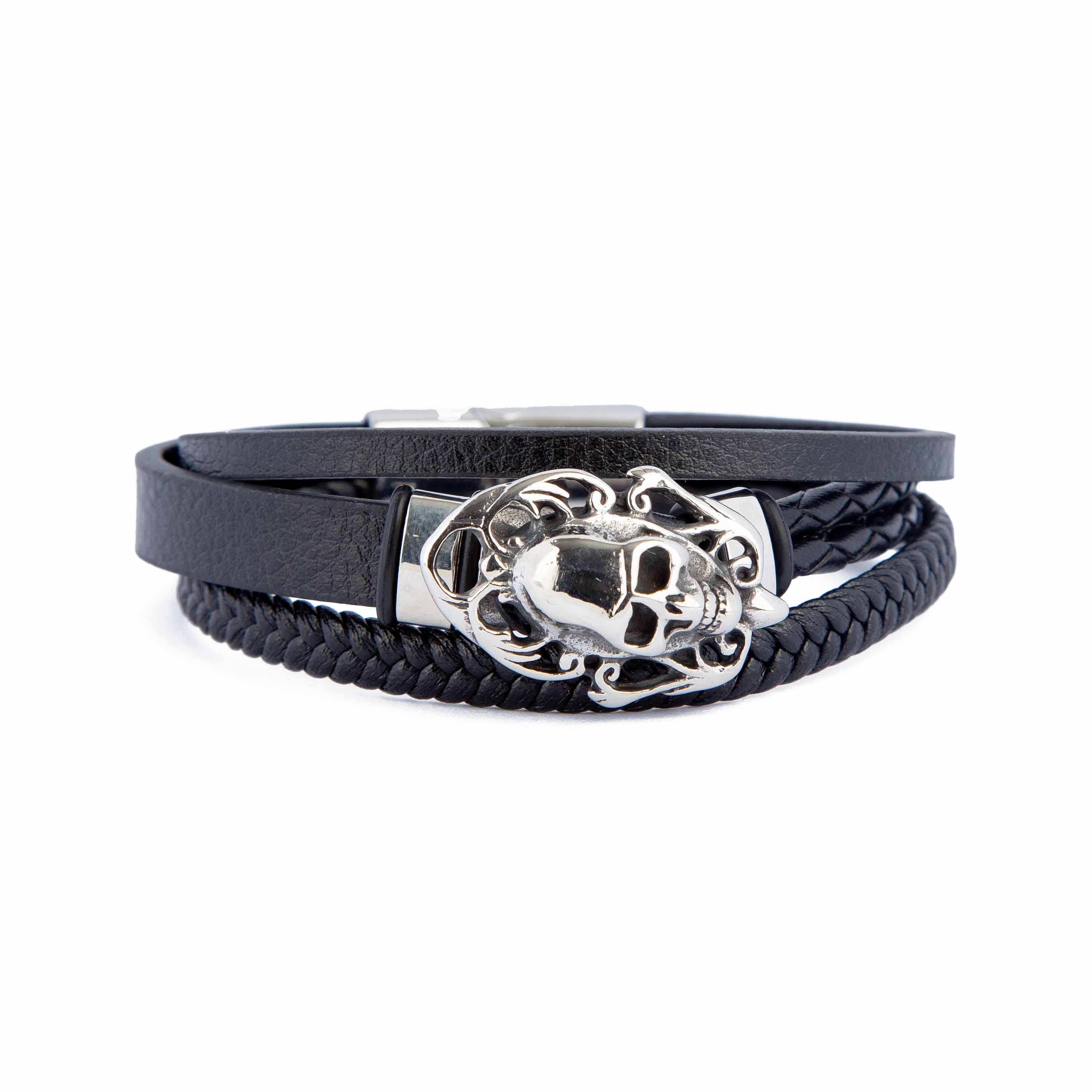 Black leather multi-strand bracelet with skull clasp