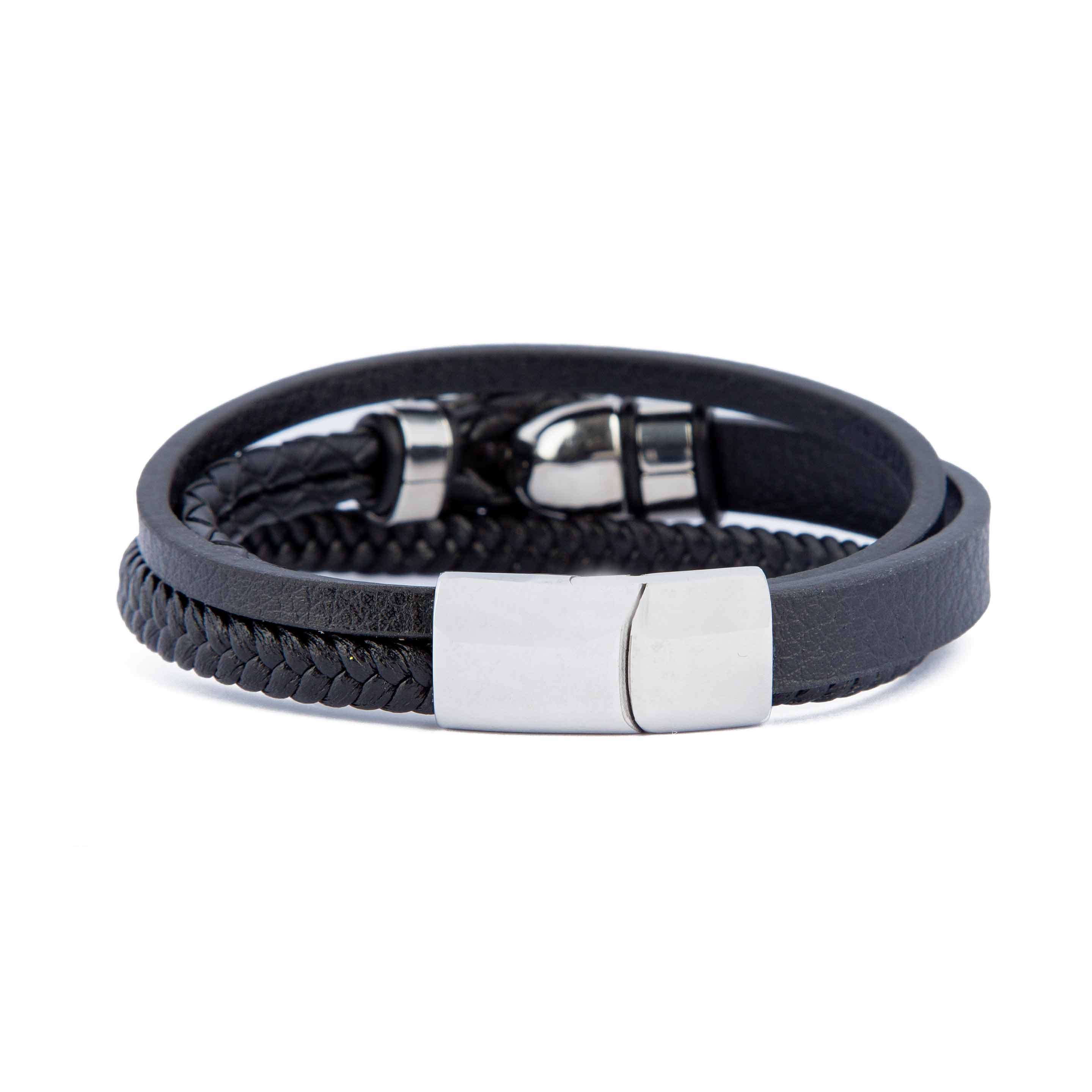 Black leather multi-strand bracelet with skull clasp