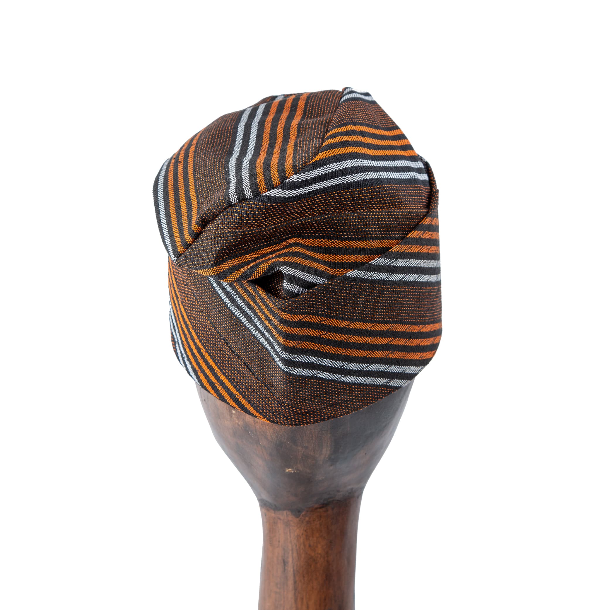 Handcrafted traditional woven brown cap with orange and white stripes – Unisex stylish accessory for cultural and modern fashion.