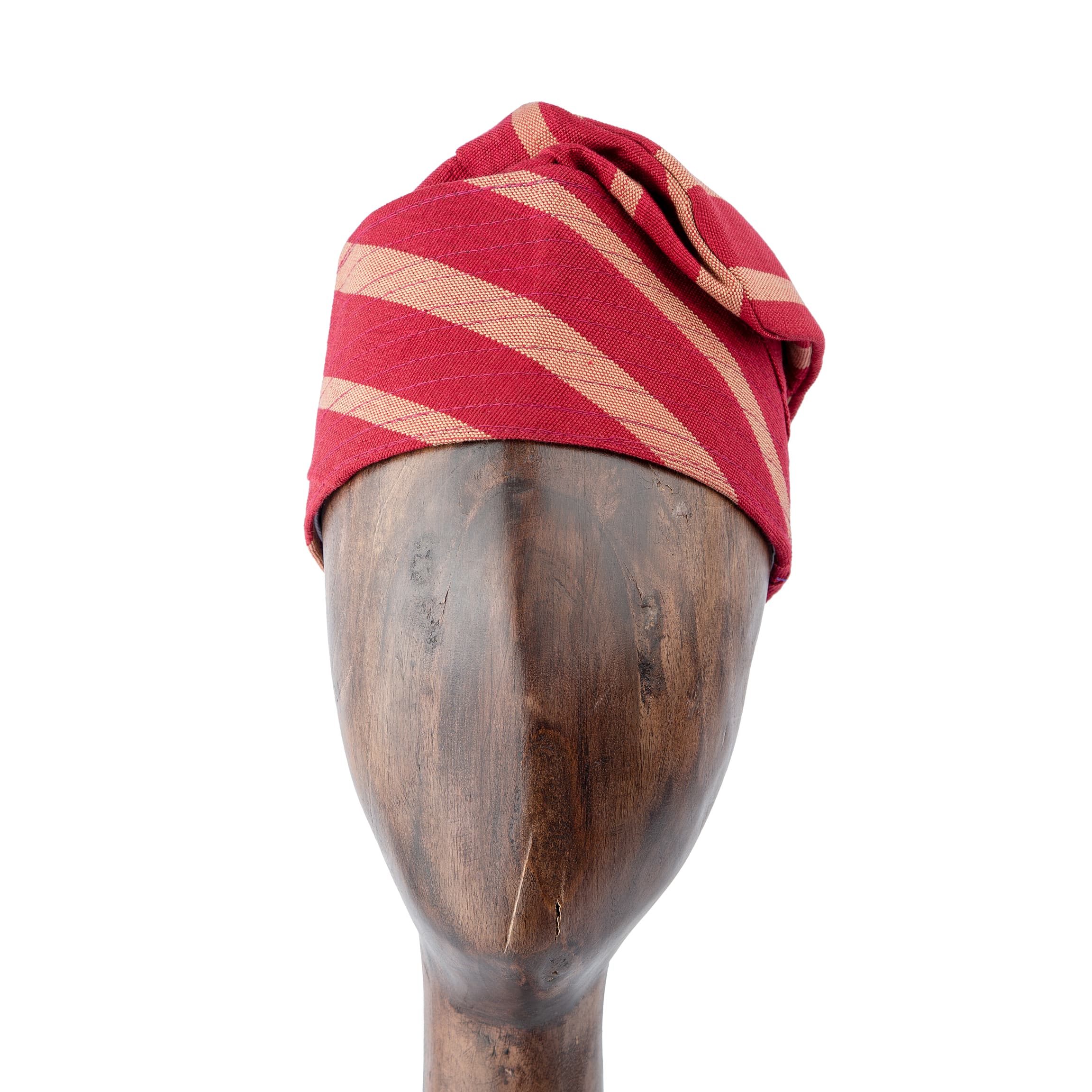Traditional woven red and gold striped cap for men and women – Handcrafted unisex fashion accessory.