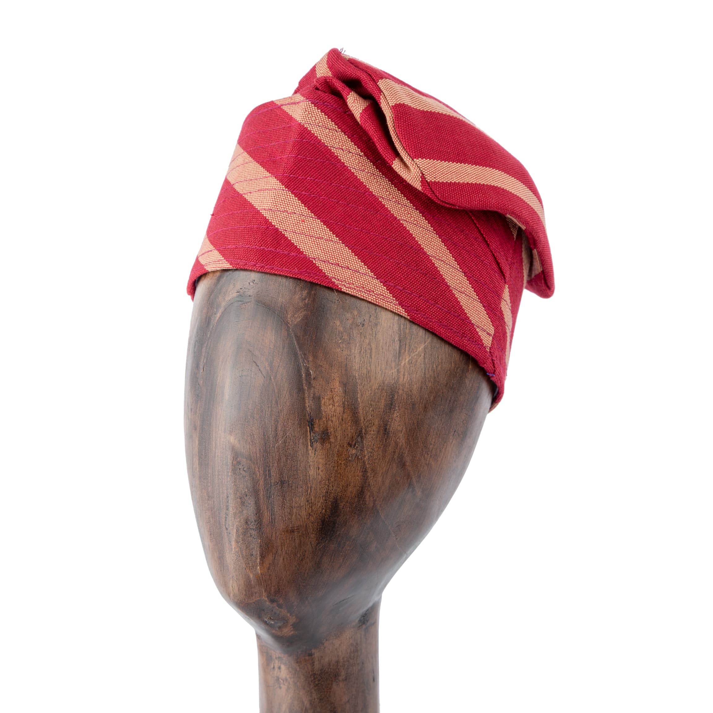 Traditional woven red and gold striped cap for men and women – Handcrafted unisex fashion accessory.