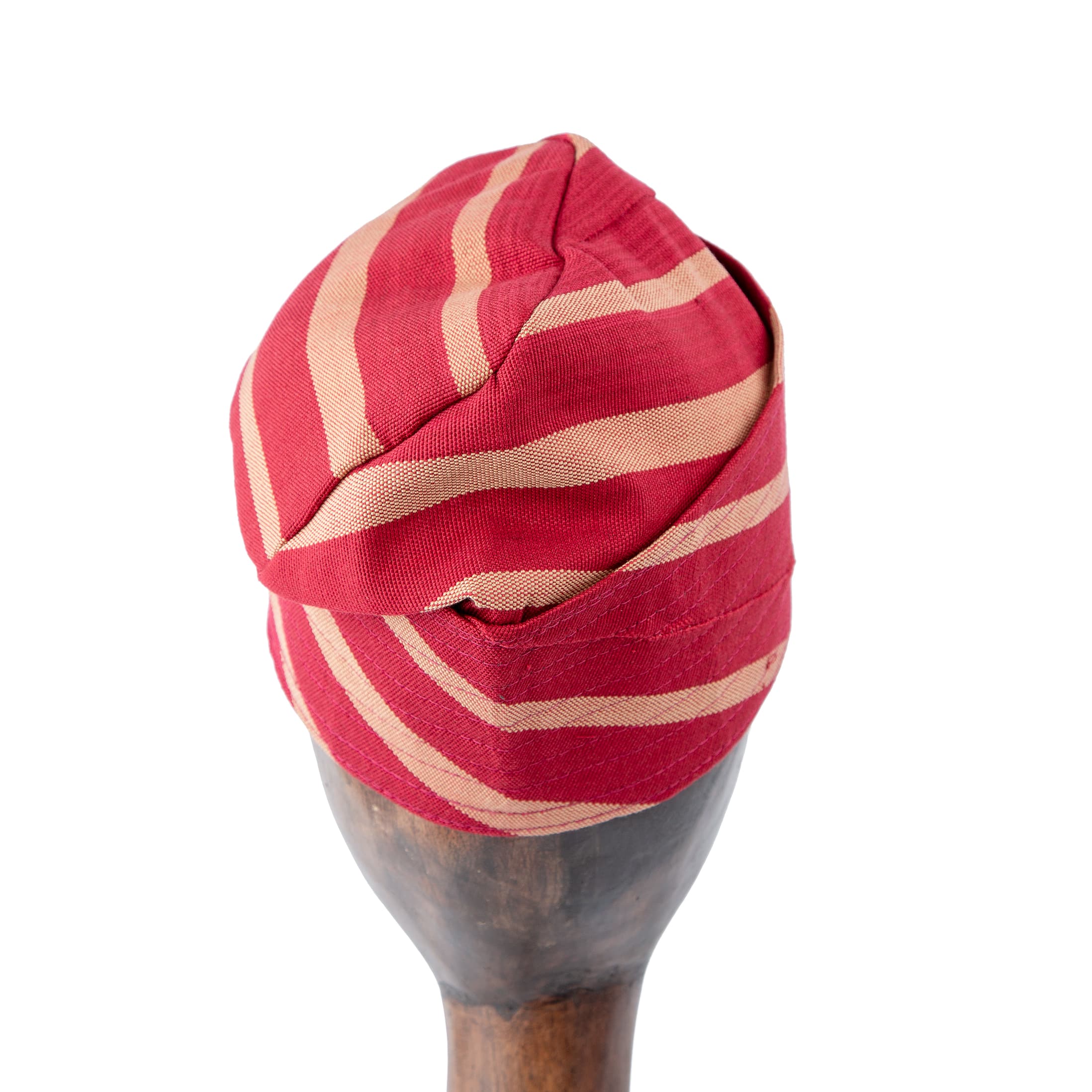 Traditional woven red and gold striped cap for men and women – Handcrafted unisex fashion accessory.
