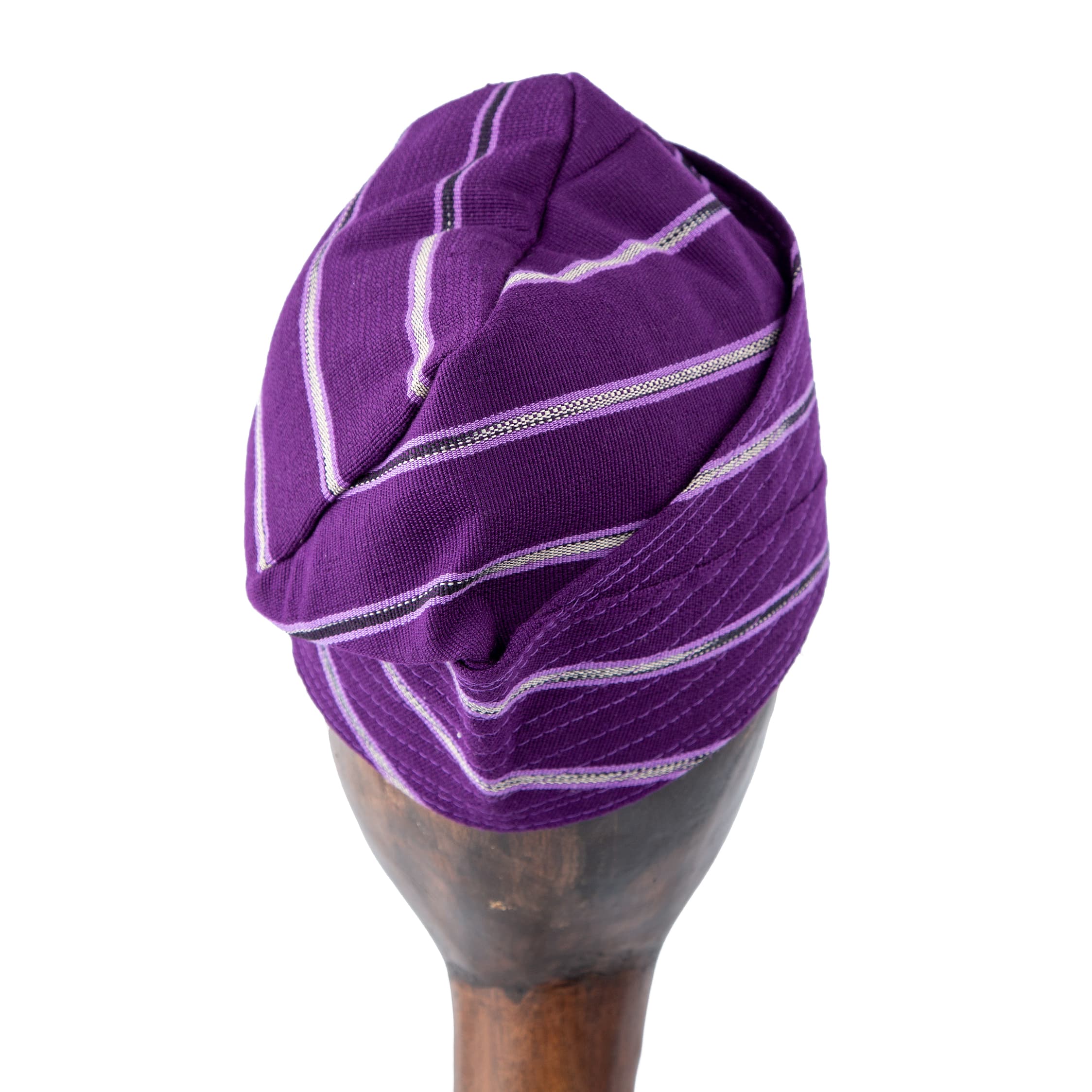Purple-striped Aso Oke cap, traditional handwoven unisex headwear for weddings, ceremonies, and cultural events, blending bold style with comfort.