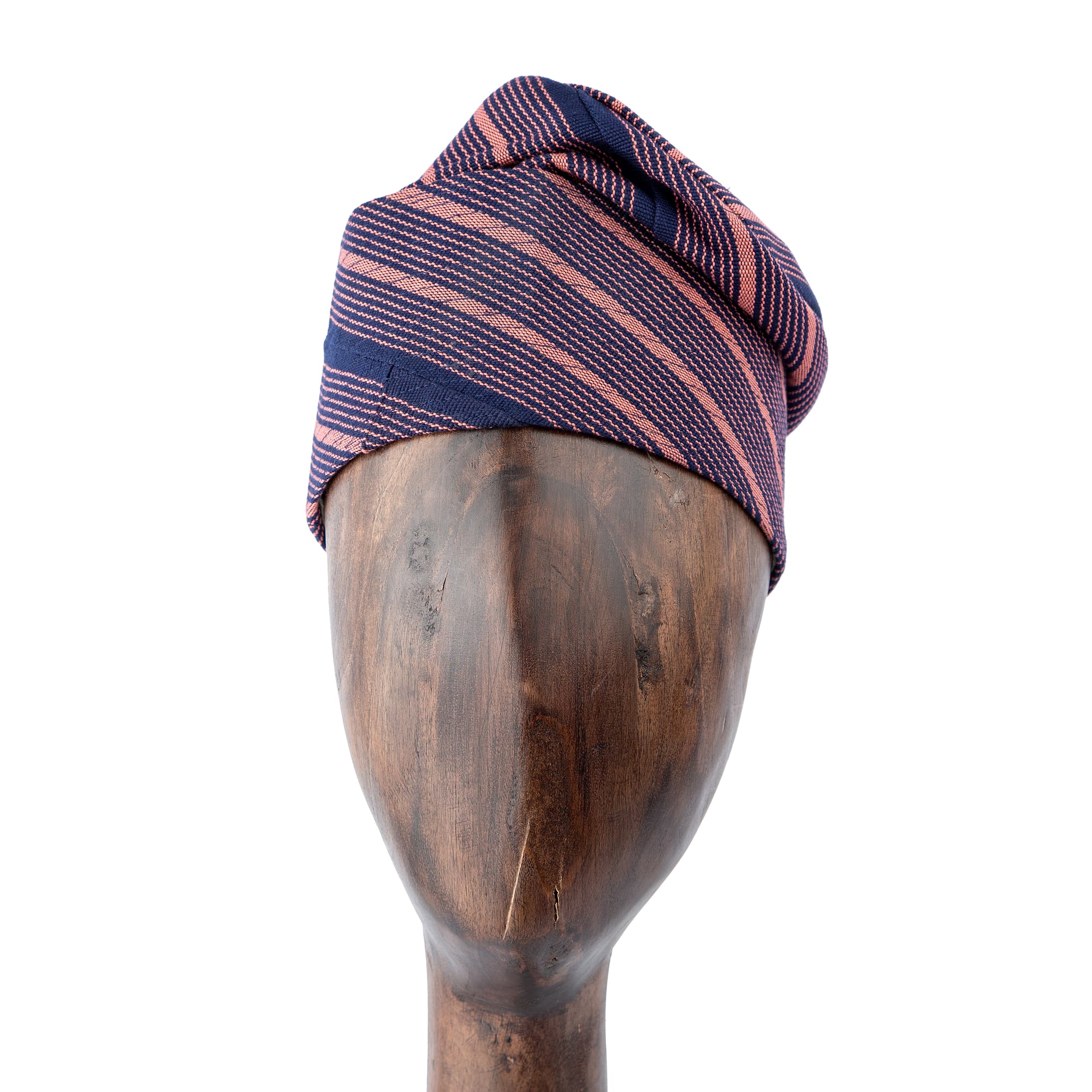 Pink and navy blue striped Aso Oke cap, handwoven traditional unisex headwear perfect for cultural events, ceremonies, and modern fashion trends.