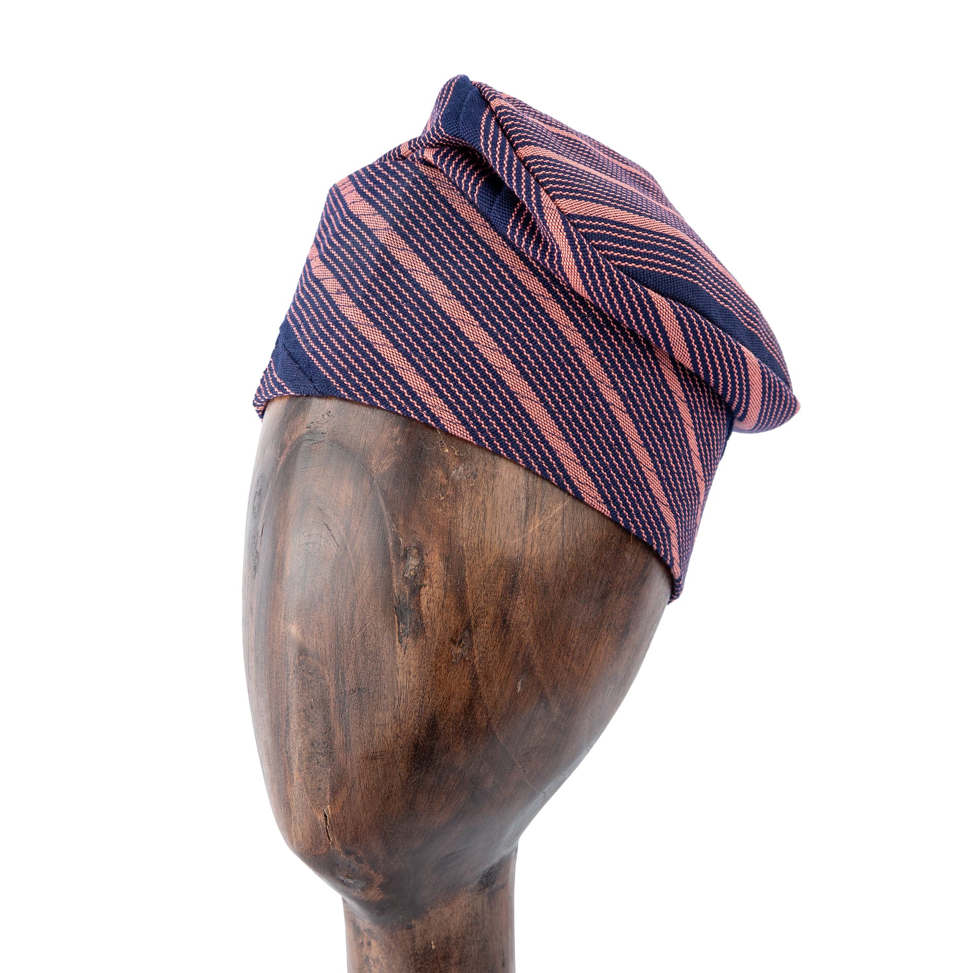 Pink and navy blue striped Aso Oke cap, handwoven traditional unisex headwear perfect for cultural events, ceremonies, and modern fashion trends.