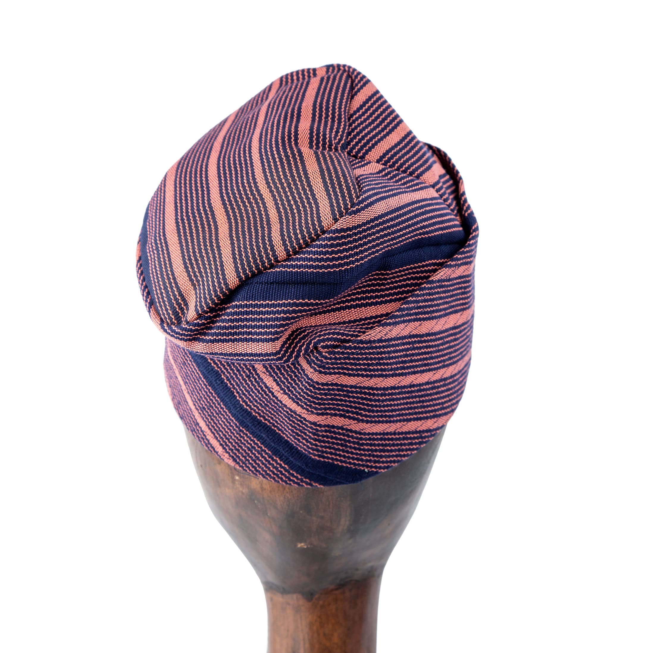 Pink and navy blue striped Aso Oke cap, handwoven traditional unisex headwear perfect for cultural events, ceremonies, and modern fashion trends.