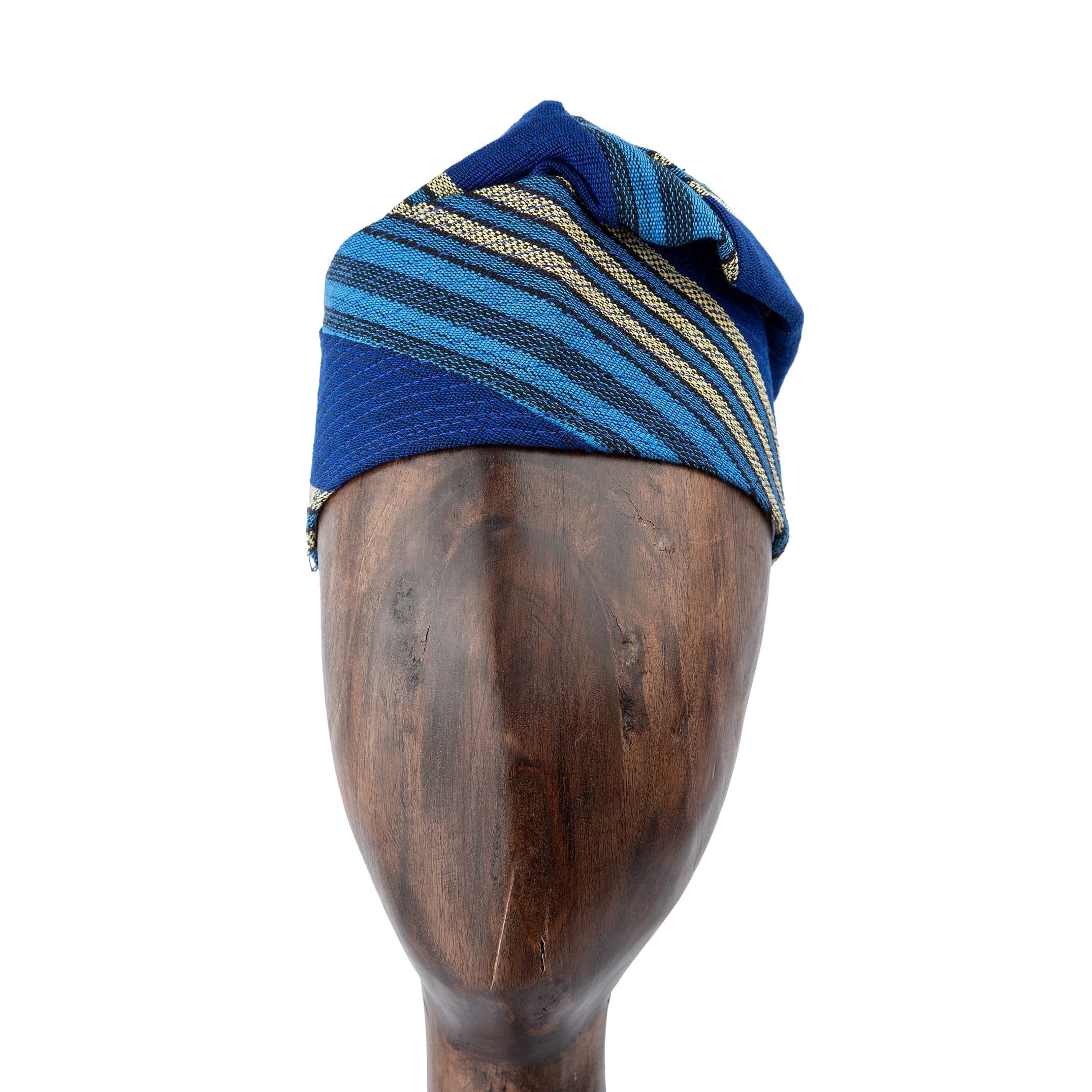 Handwoven royal blue and black Aso Oke cap with gold accents, unisex traditional headwear perfect for cultural celebrations and modern fashion statements.