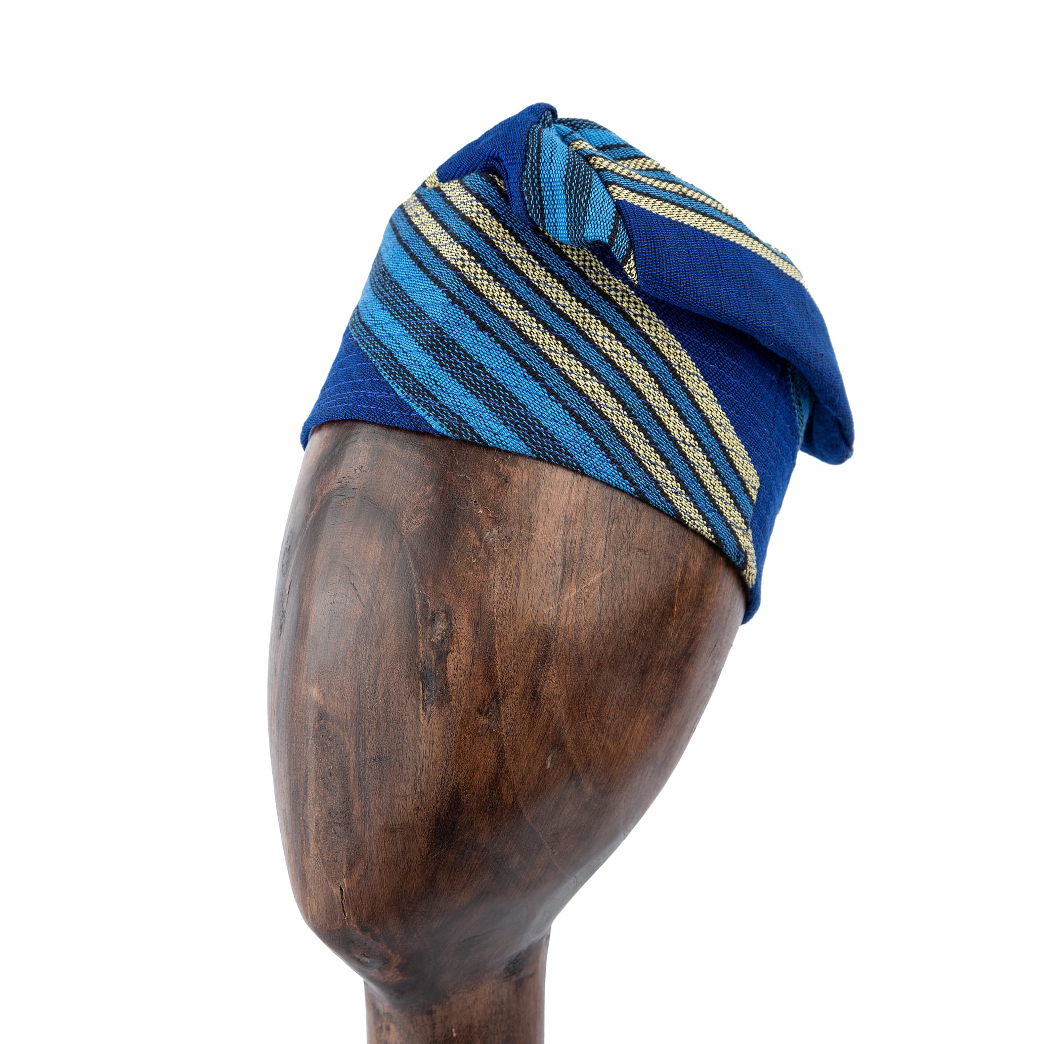 Handwoven royal blue and black Aso Oke cap with gold accents, unisex traditional headwear perfect for cultural celebrations and modern fashion statements.