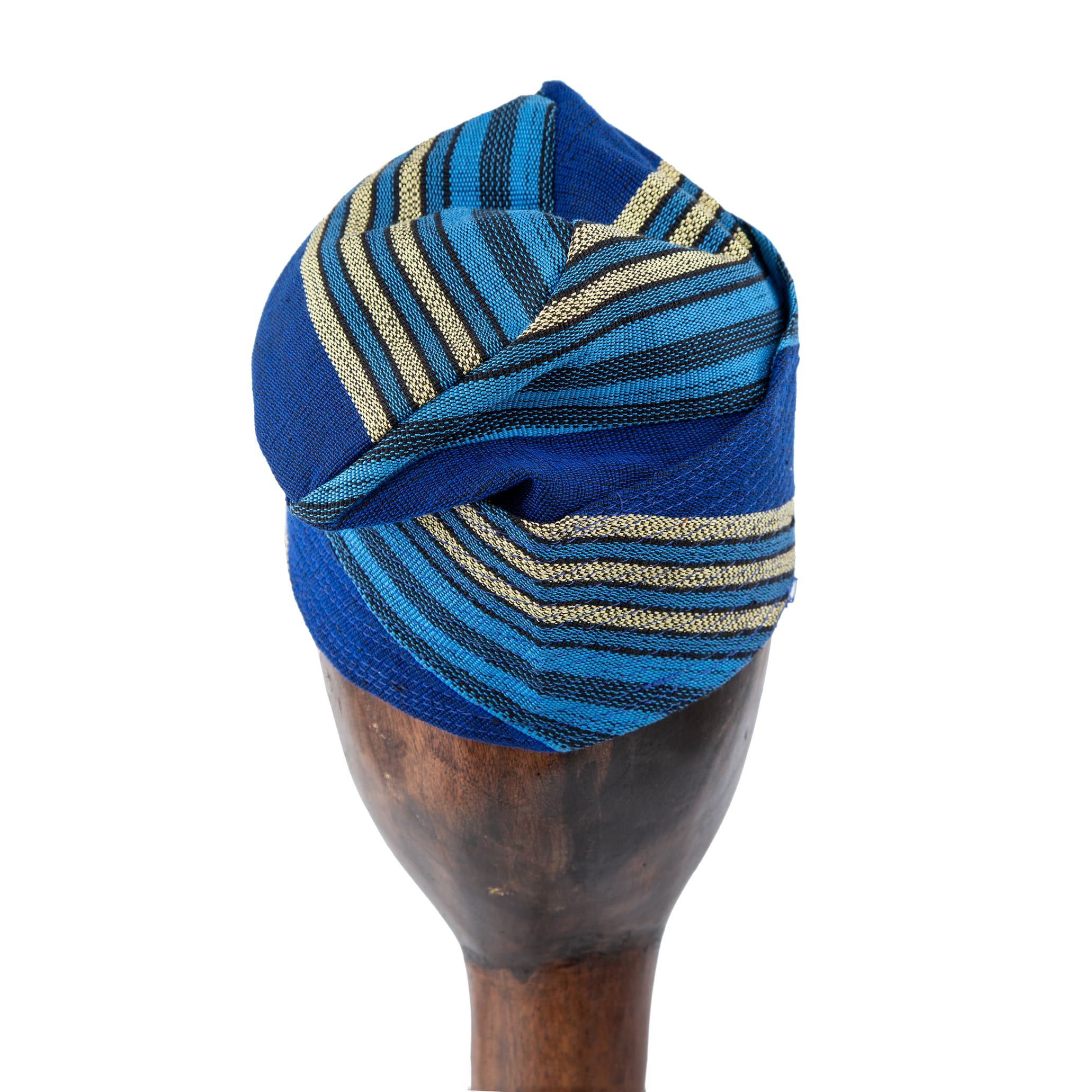 Handwoven royal blue and black Aso Oke cap with gold accents, unisex traditional headwear perfect for cultural celebrations and modern fashion statements.