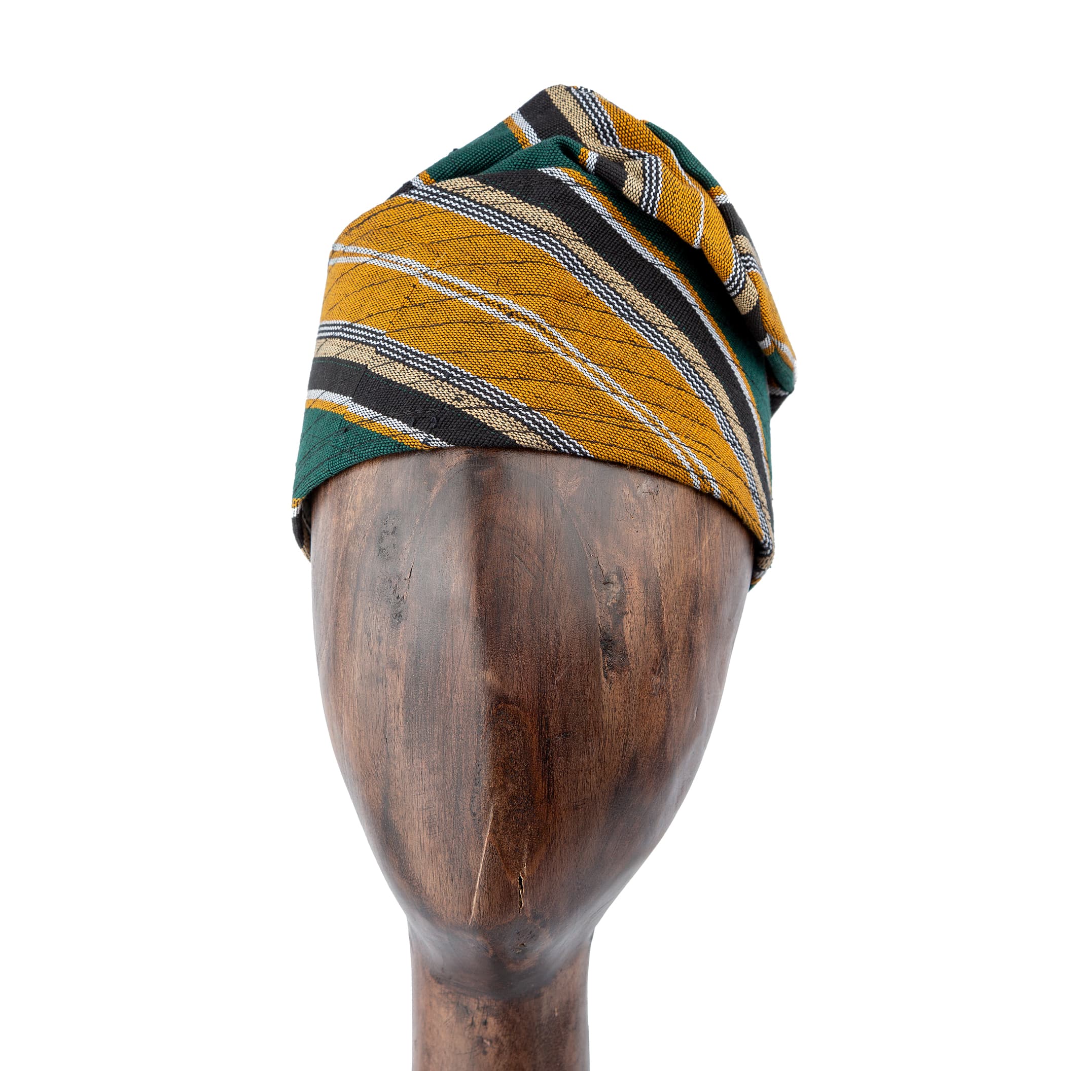 Handwoven green and gold Aso Oke cap with black and white stripes, unisex traditional headwear ideal for weddings, cultural events, and everyday style.