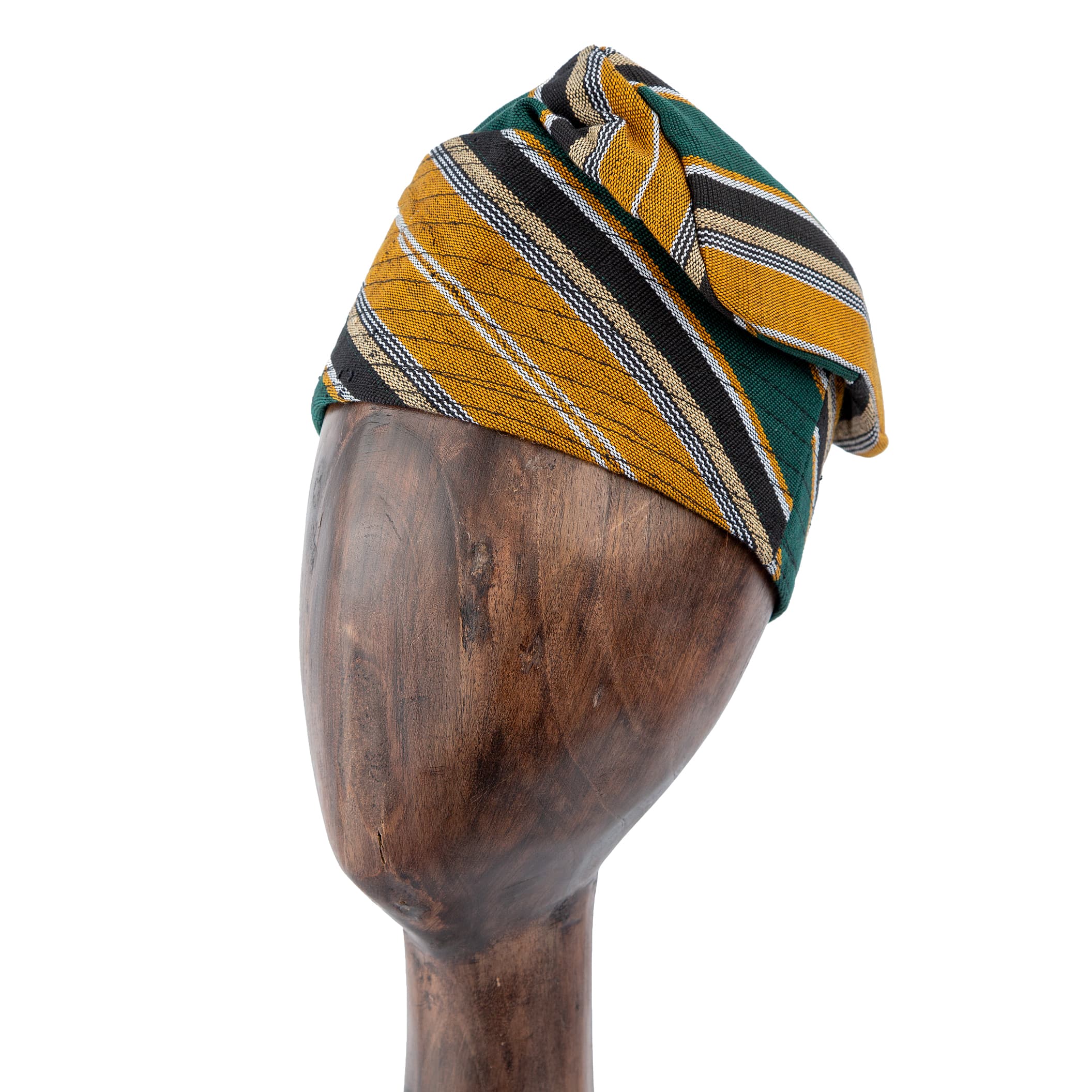 Handwoven green and gold Aso Oke cap with black and white stripes, unisex traditional headwear ideal for weddings, cultural events, and everyday style.