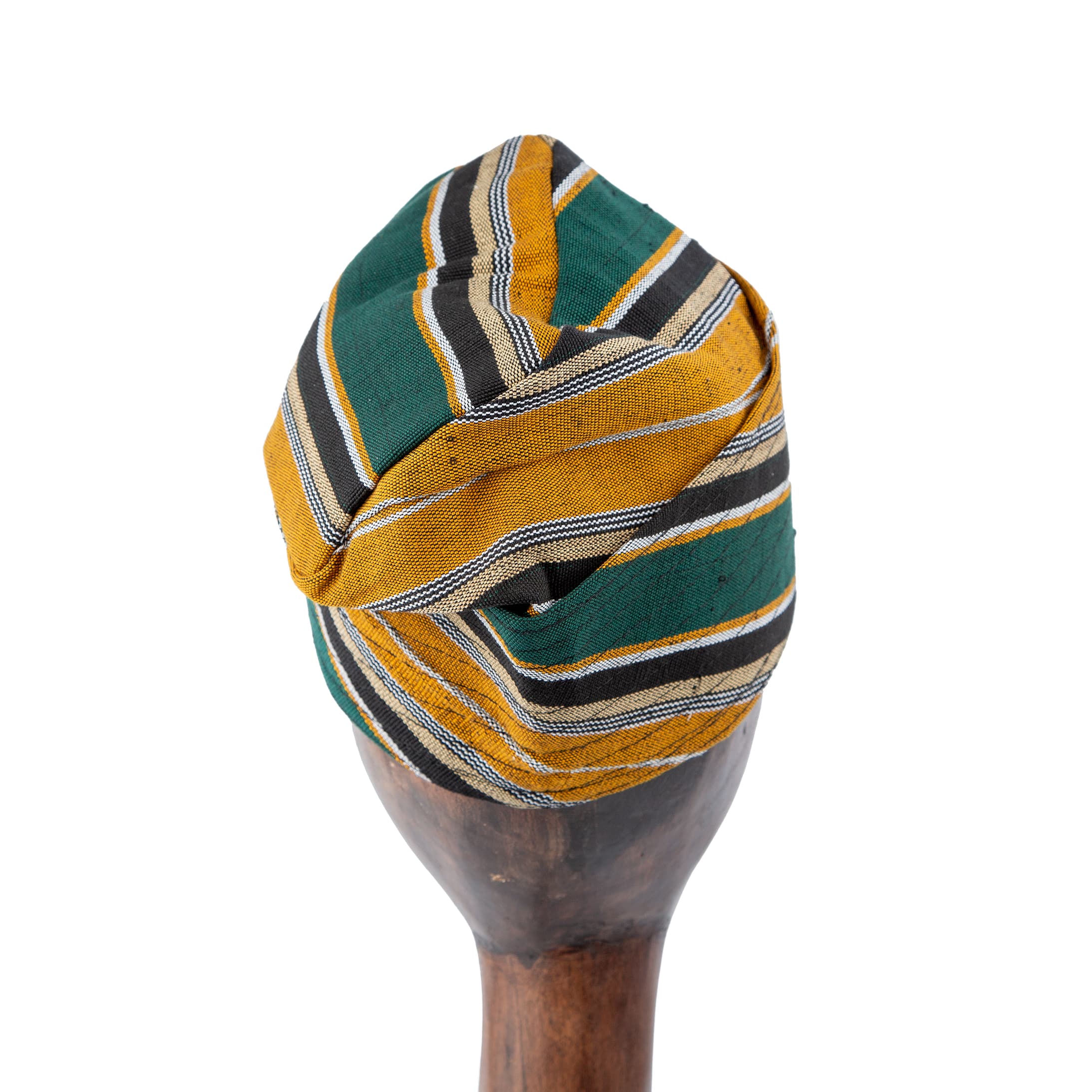Handwoven green and gold Aso Oke cap with black and white stripes, unisex traditional headwear ideal for weddings, cultural events, and everyday style