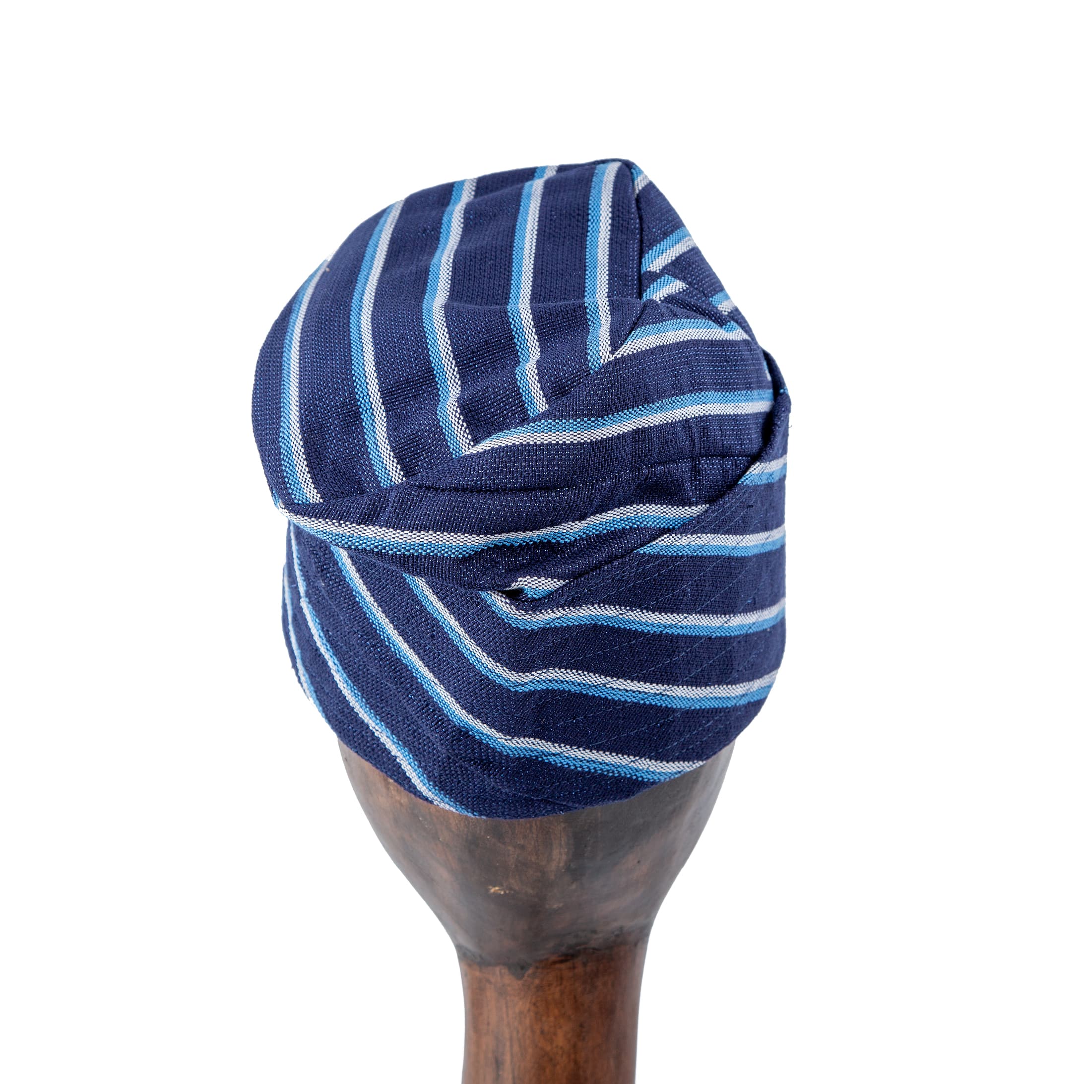 Handwoven navy blue Aso Oke cap with sky blue stripes, unisex traditional headwear for weddings, festivals, and stylish cultural events.