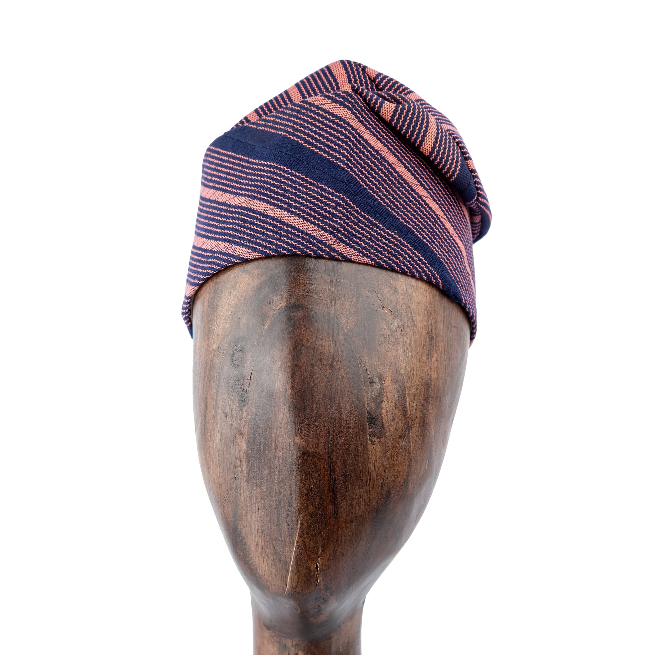 A Navy and Coral Striped Yoruba Fila.