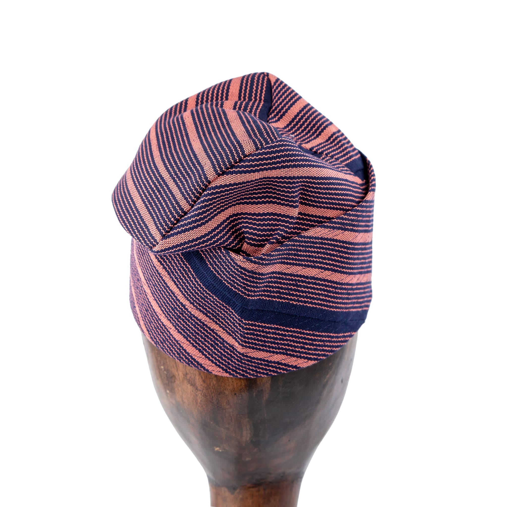 A Navy and Coral Striped Yoruba Fila.