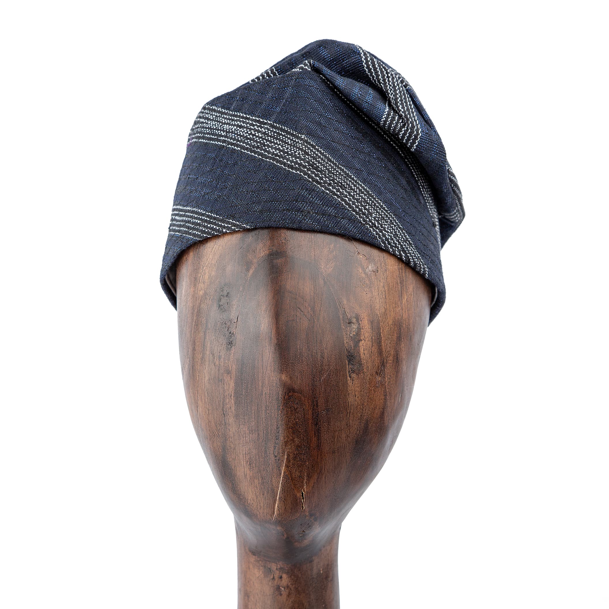 Classic navy blue Aso Oke cap with silver stripes, unisex traditional headwear ideal for weddings, cultural events, and modern fashion styling.
