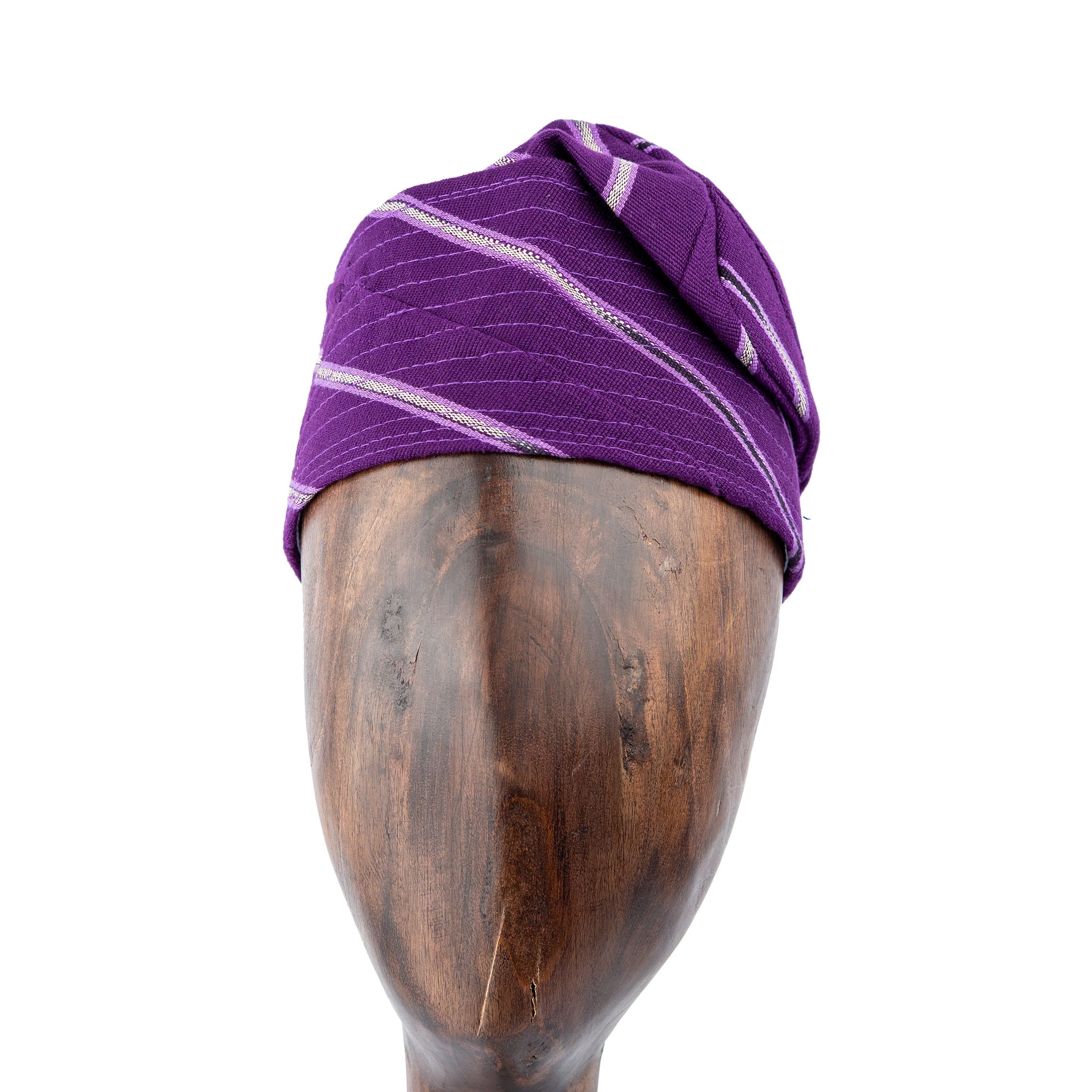 Elegant purple Aso Oke cap with silver stripes, unisex traditional headwear perfect for cultural events, weddings, and modern styling.