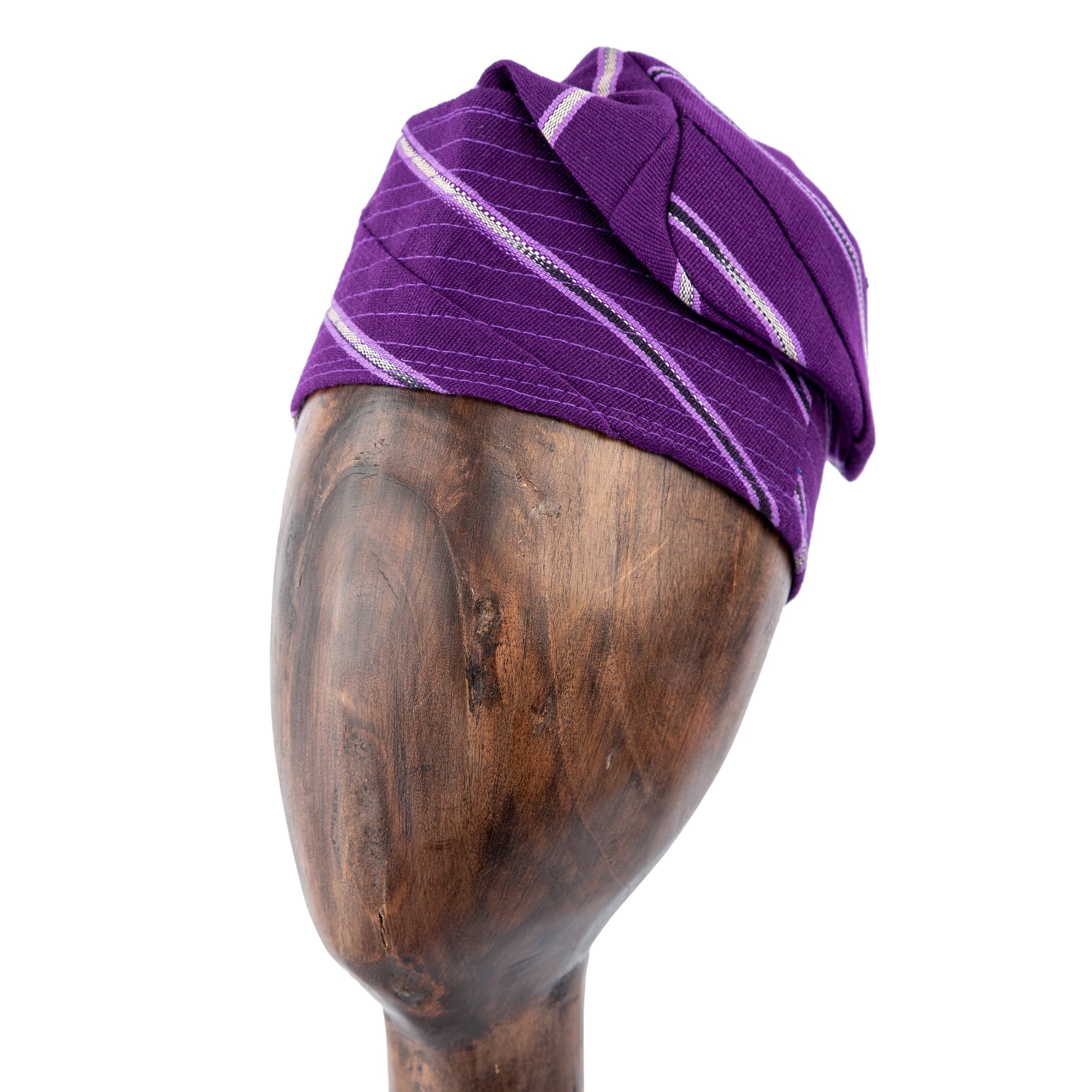 Elegant purple Aso Oke cap with silver stripes, unisex traditional headwear perfect for cultural events, weddings, and modern styling.