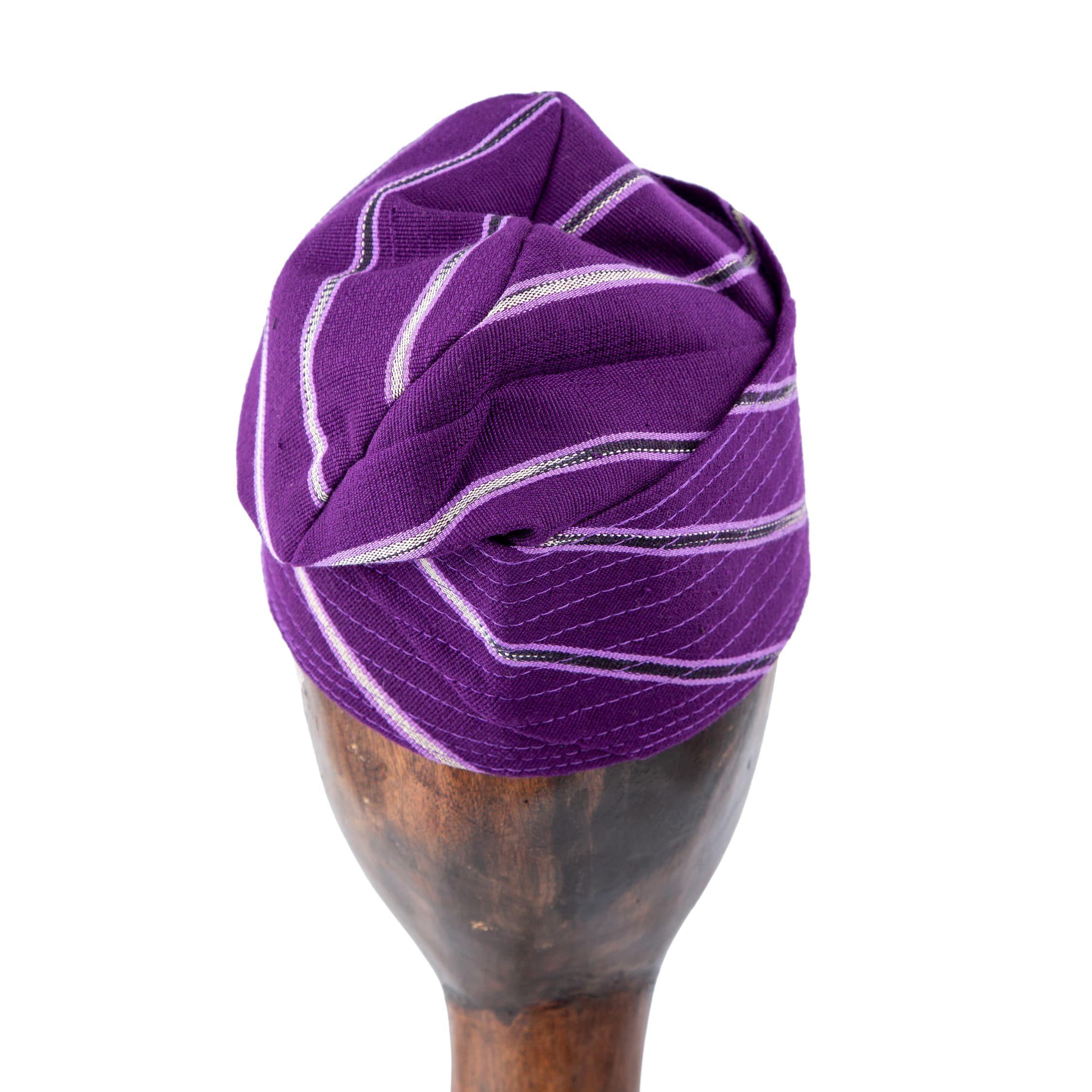 Elegant purple Aso Oke cap with silver stripes, unisex traditional headwear perfect for cultural events, weddings, and modern styling.