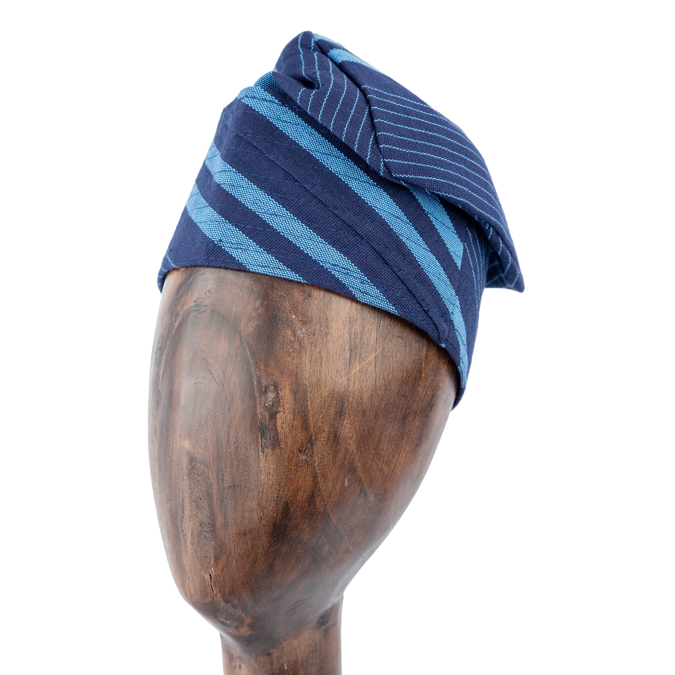Unisex navy blue Aso Oke cap with diagonal light blue stripe design, premium handwoven traditional headwear for weddings, events, and special occasions