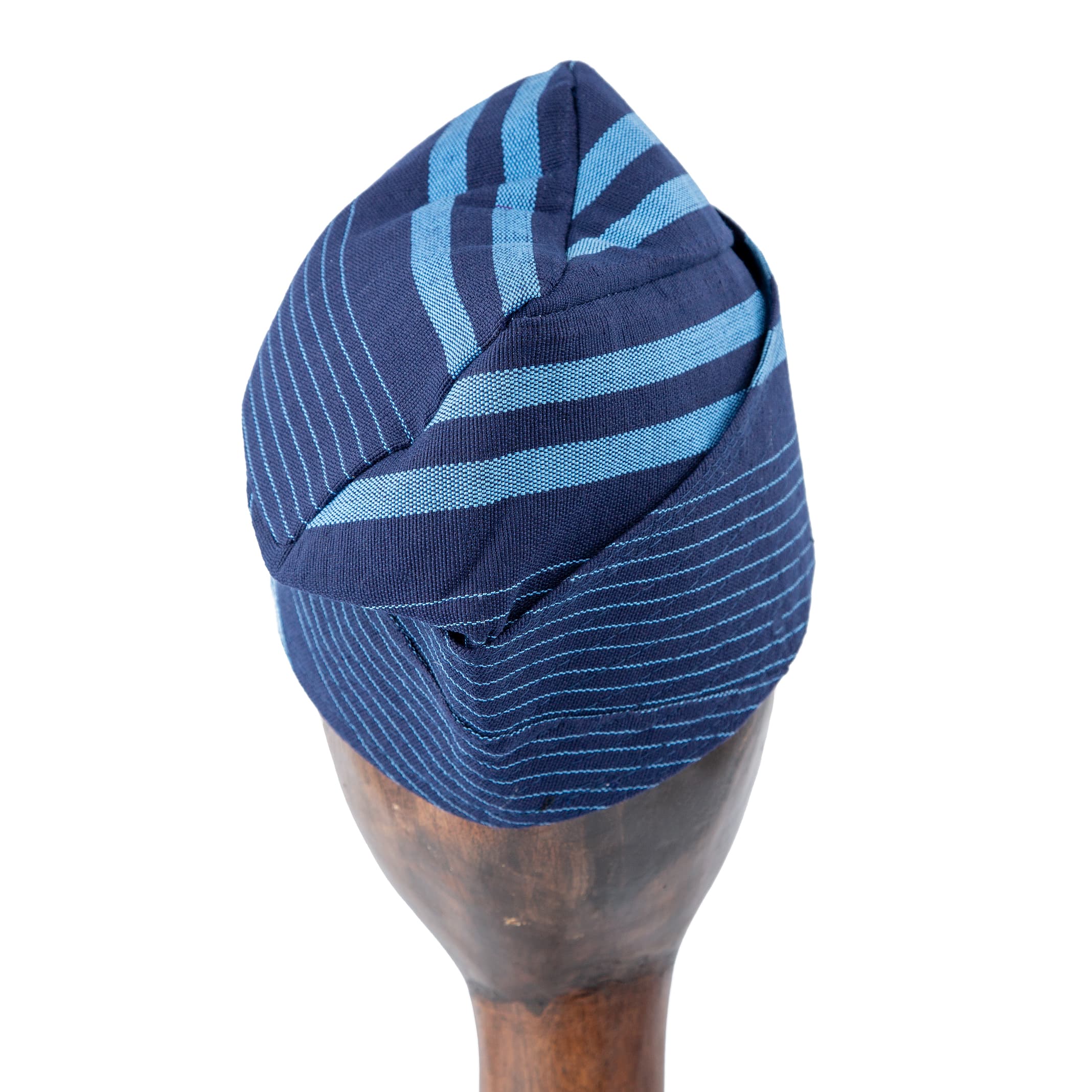Unisex navy blue Aso Oke cap with diagonal light blue stripe design, premium handwoven traditional headwear for weddings, events, and special occasions