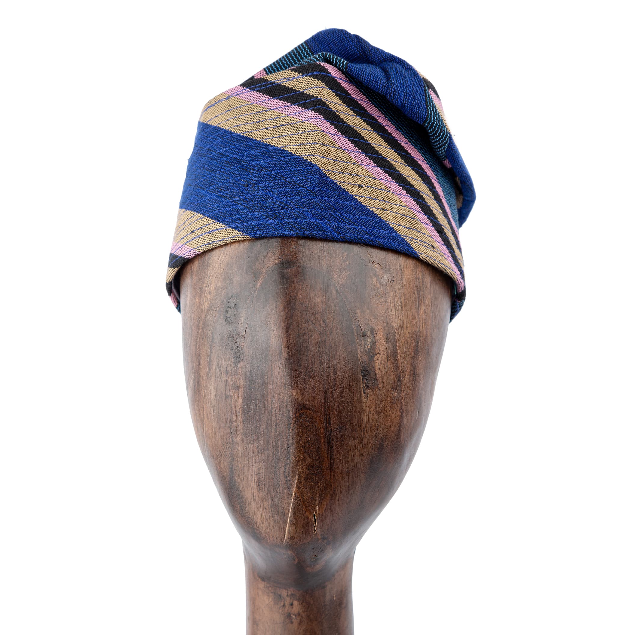 Royal blue Aso Oke cap with gold and pink stripe accents, handwoven unisex traditional headwear for weddings, festivals, and special occasions.