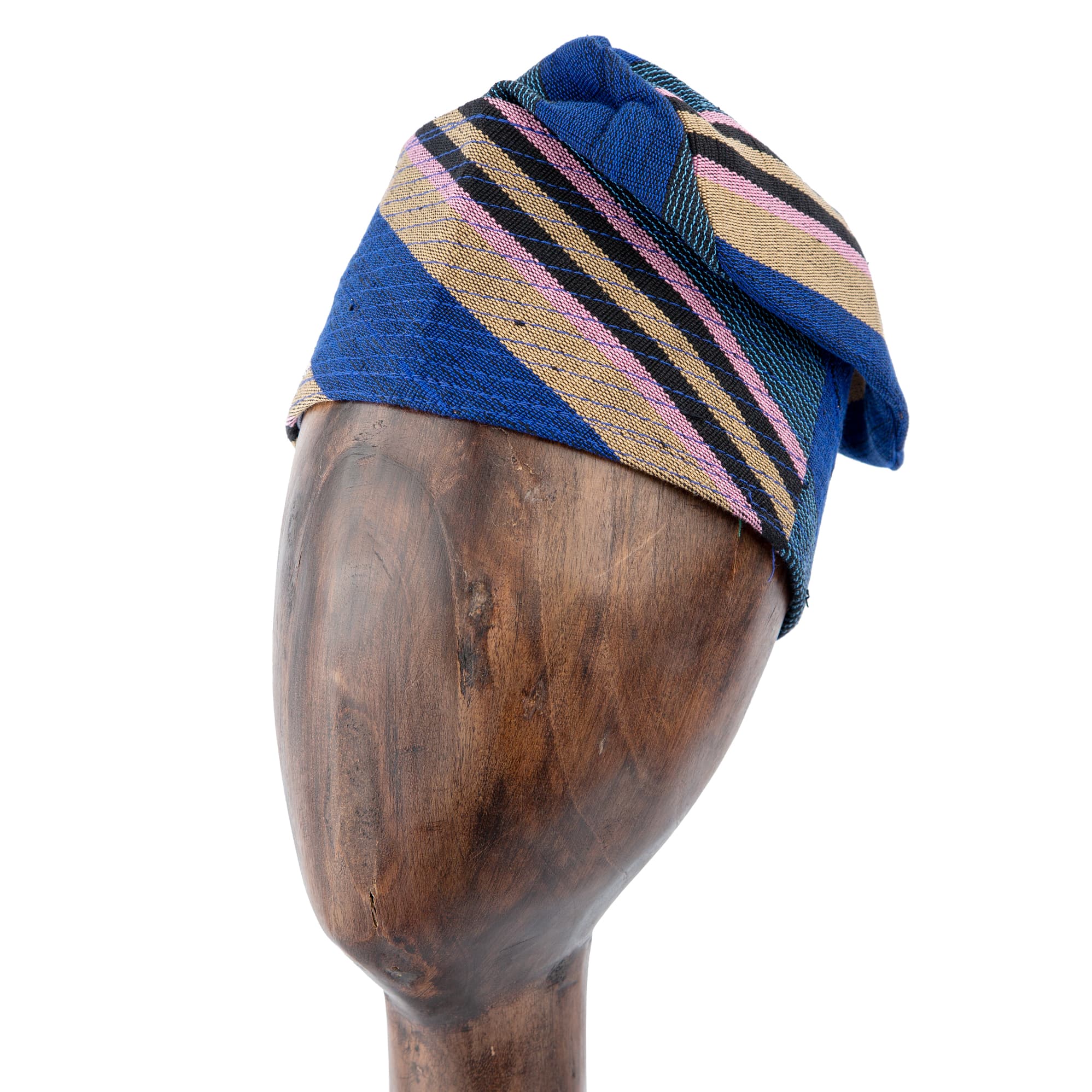 Royal blue Aso Oke cap with gold and pink stripe accents, handwoven unisex traditional headwear for weddings, festivals, and special occasions.