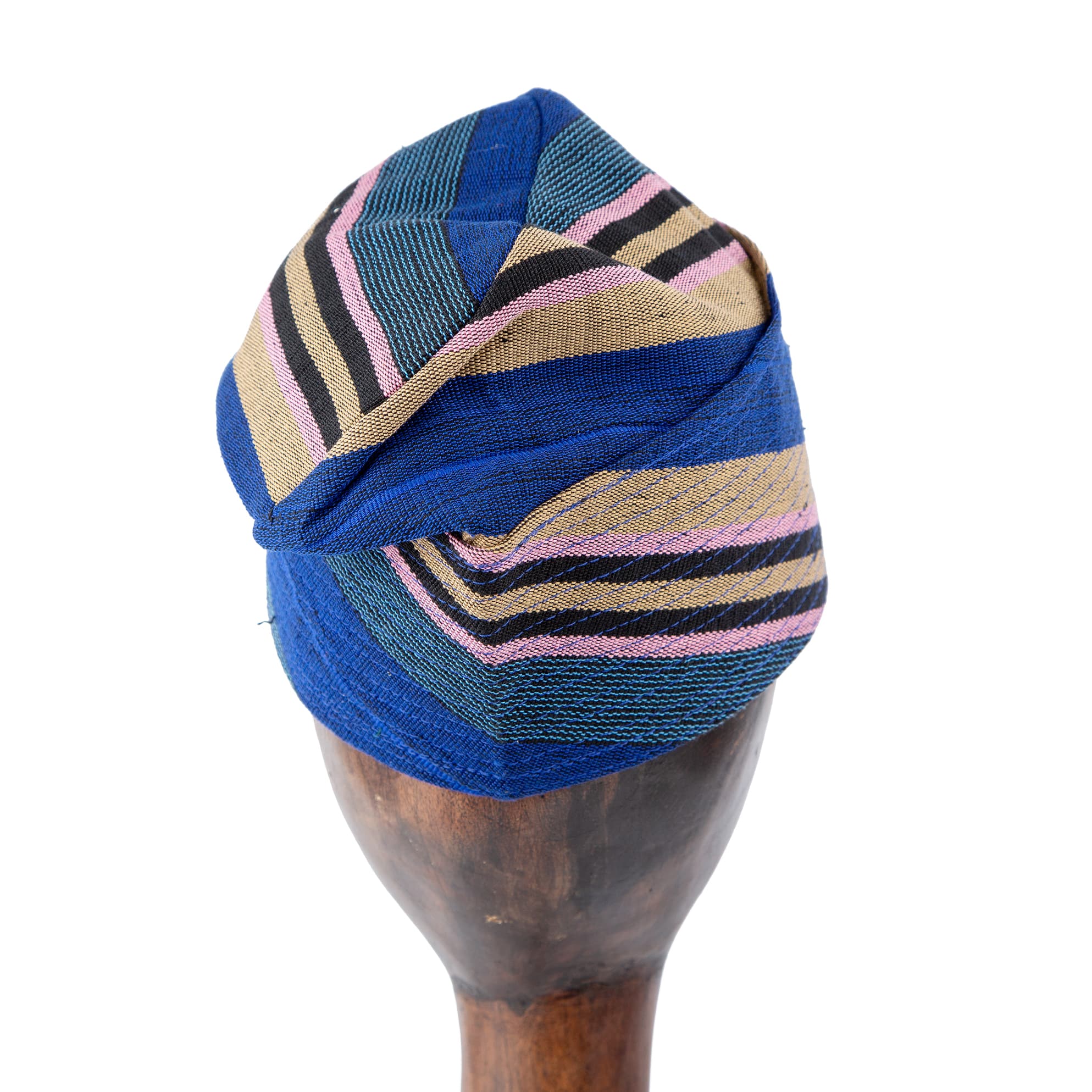 Royal blue Aso Oke cap with gold and pink stripe accents, handwoven unisex traditional headwear for weddings, festivals, and special occasions.