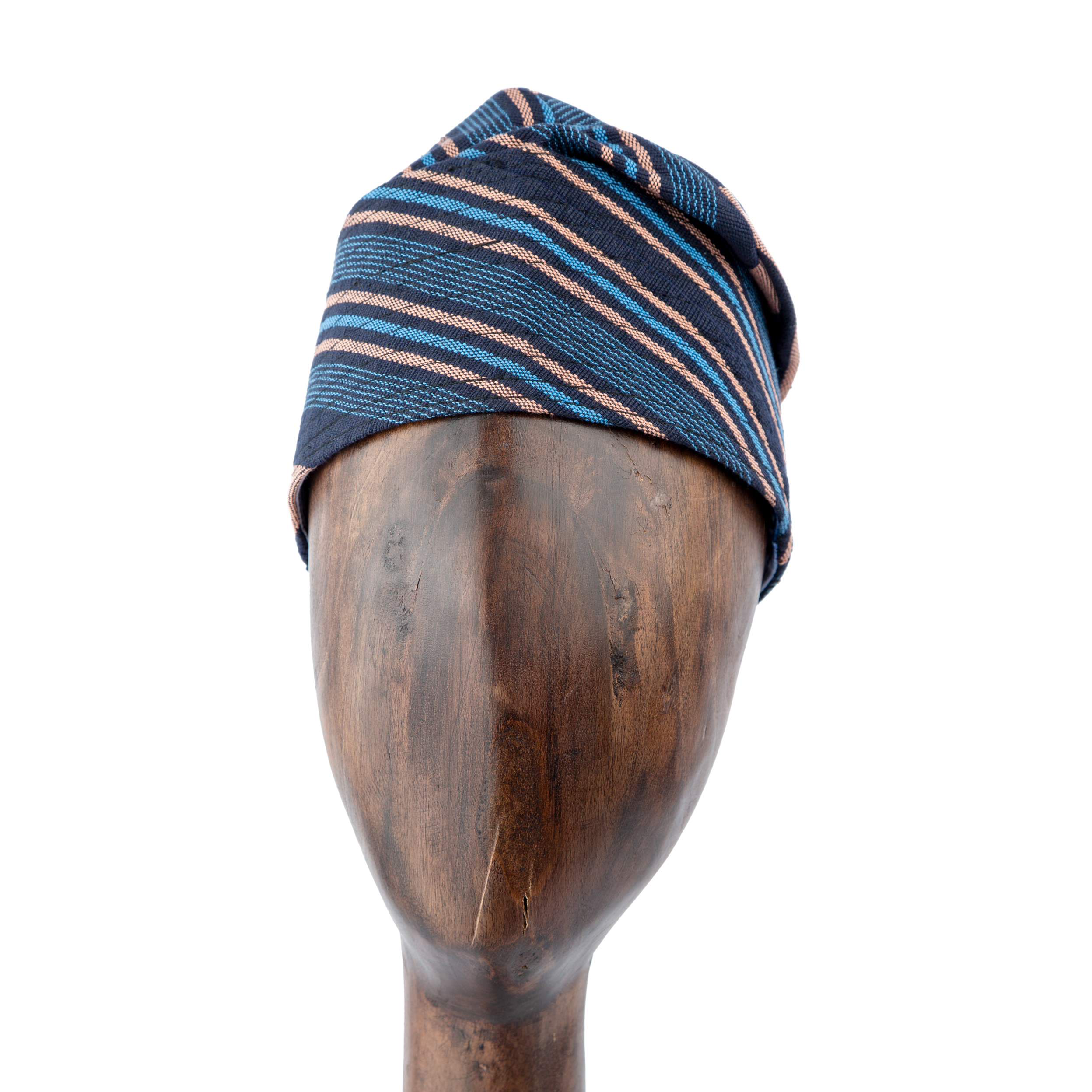 Elegant blue Aso Oke cap with peach stripe accents, unisex traditional headwear for cultural events and celebrations.