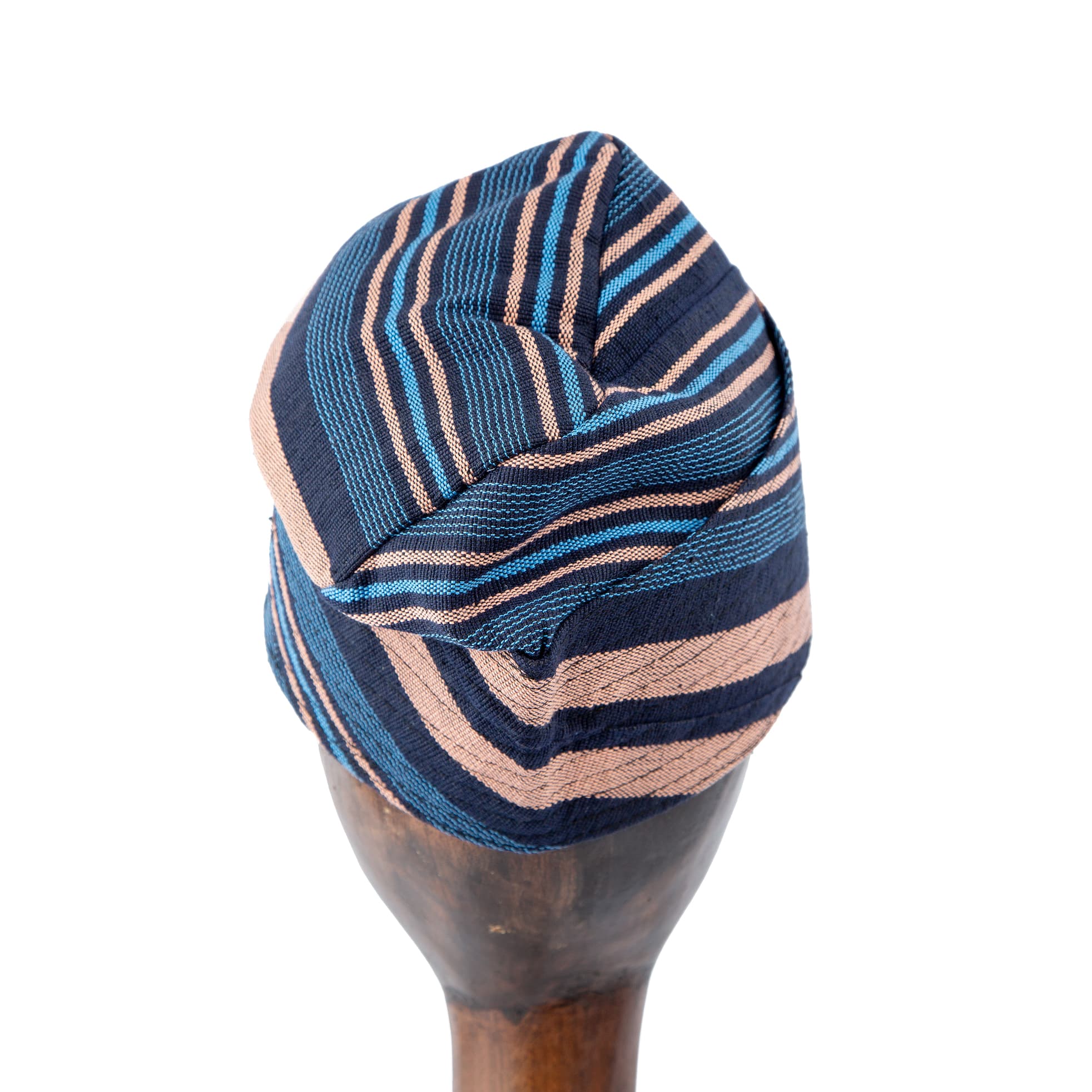 Elegant blue Aso Oke cap with peach stripe accents, unisex traditional headwear for cultural events and celebrations.