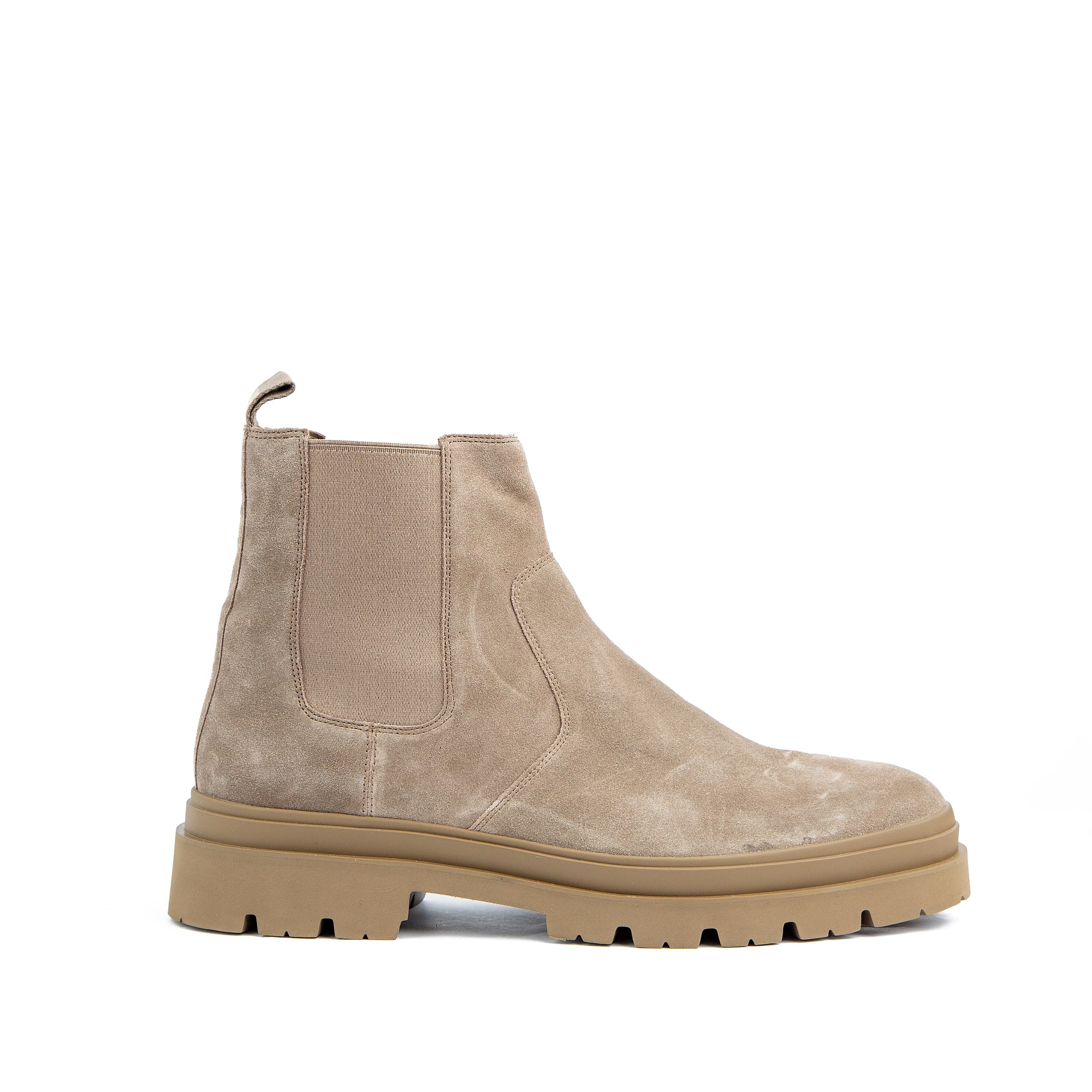 Men's Beige Suede Chelsea Boots with Tan Rugged Sole for Casual Elegance