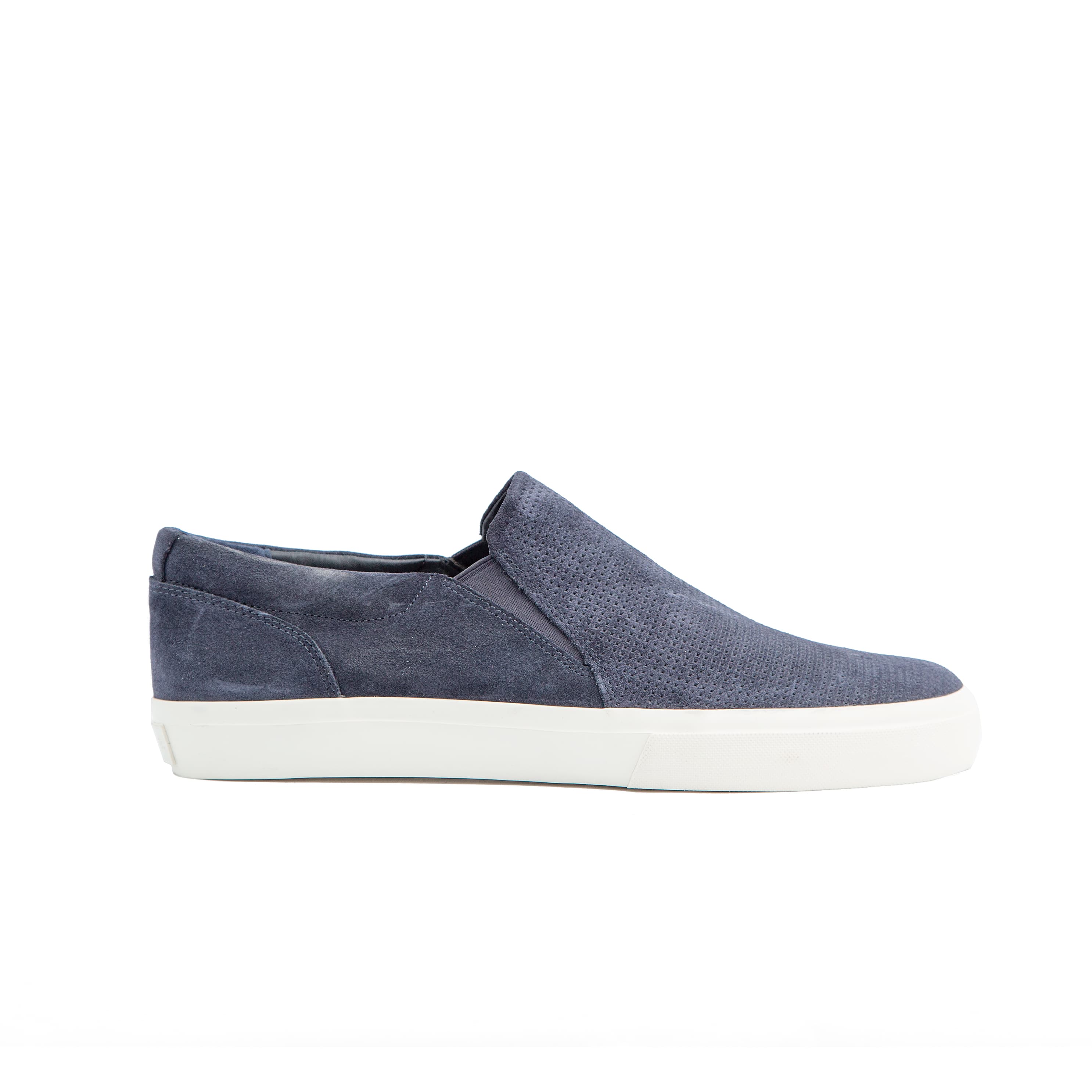 Perforated navy suede slip-on sneakers with white rubber sole – unisex casual footwear for style and comfort.