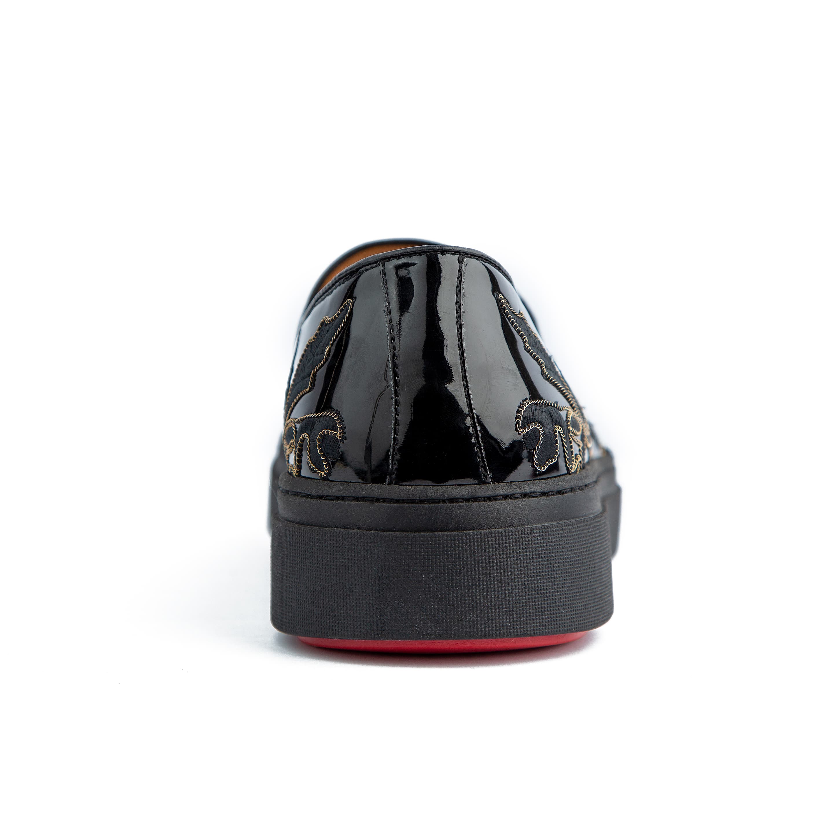 Glossy black men's slip-on loafers with gold embroidery - Stylish and comfortable formal footwear.