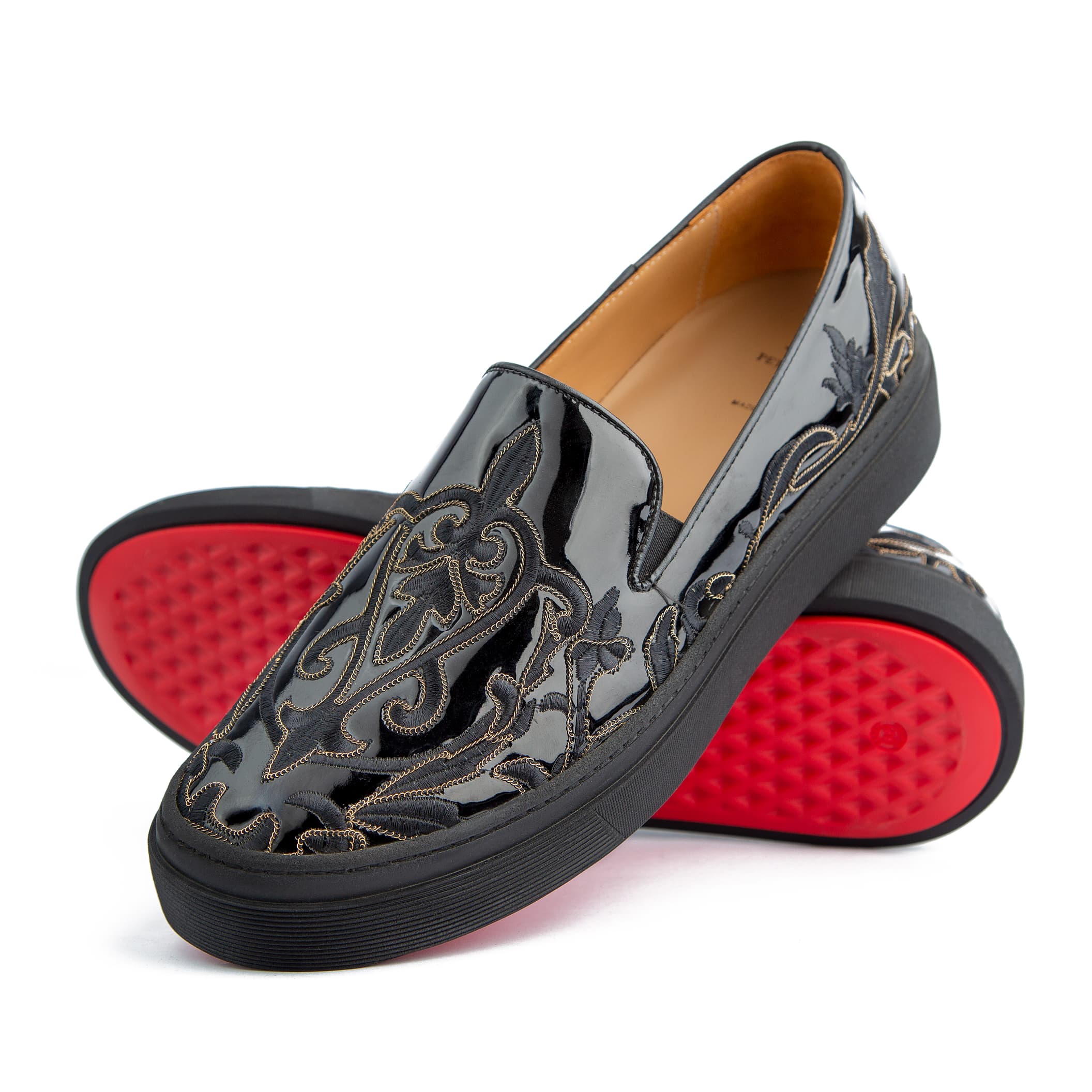 Glossy black men's slip-on loafers with gold embroidery - Stylish and comfortable formal footwear.