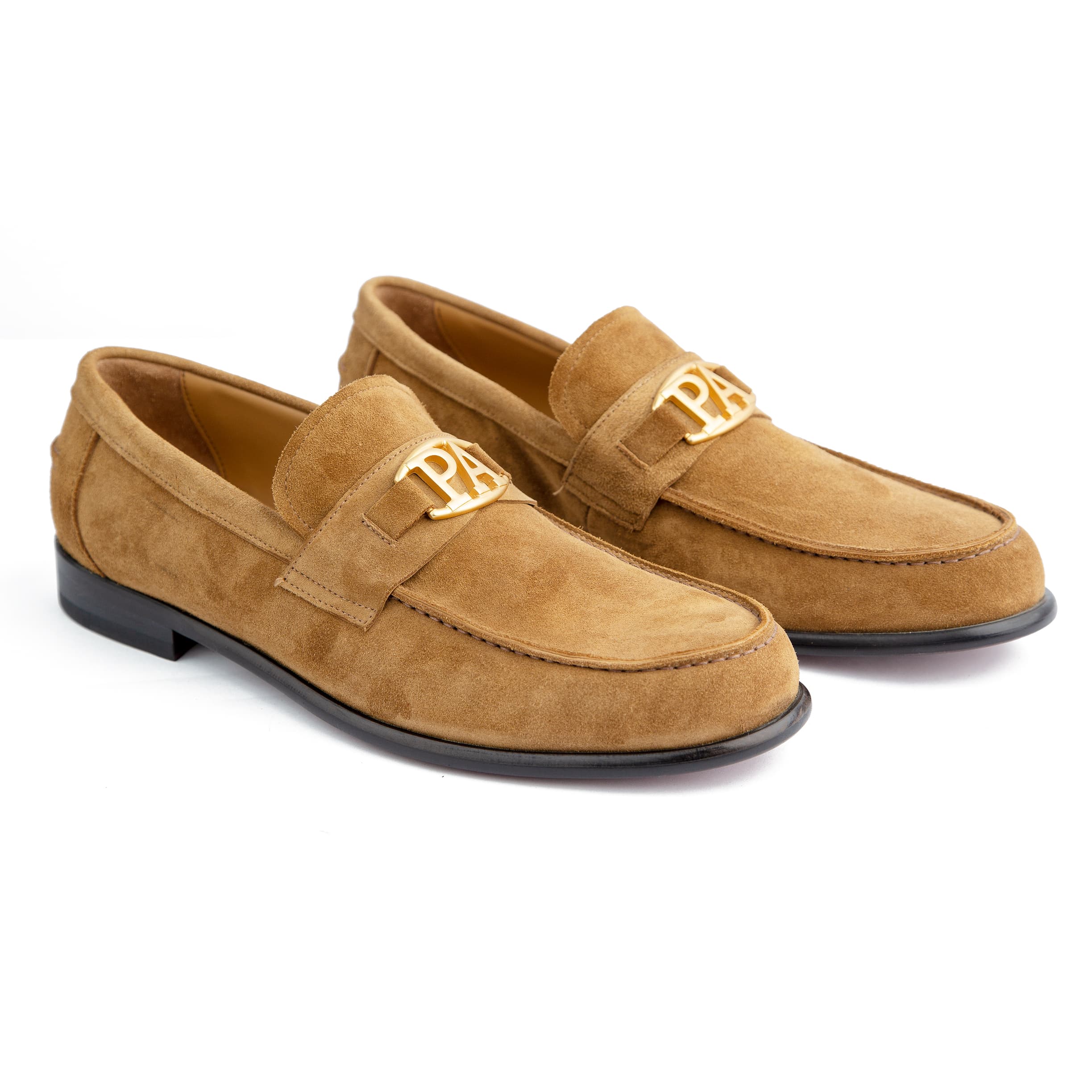 Men's Tan Suede Loafers with Gold Monogram Accent - Premium Quality