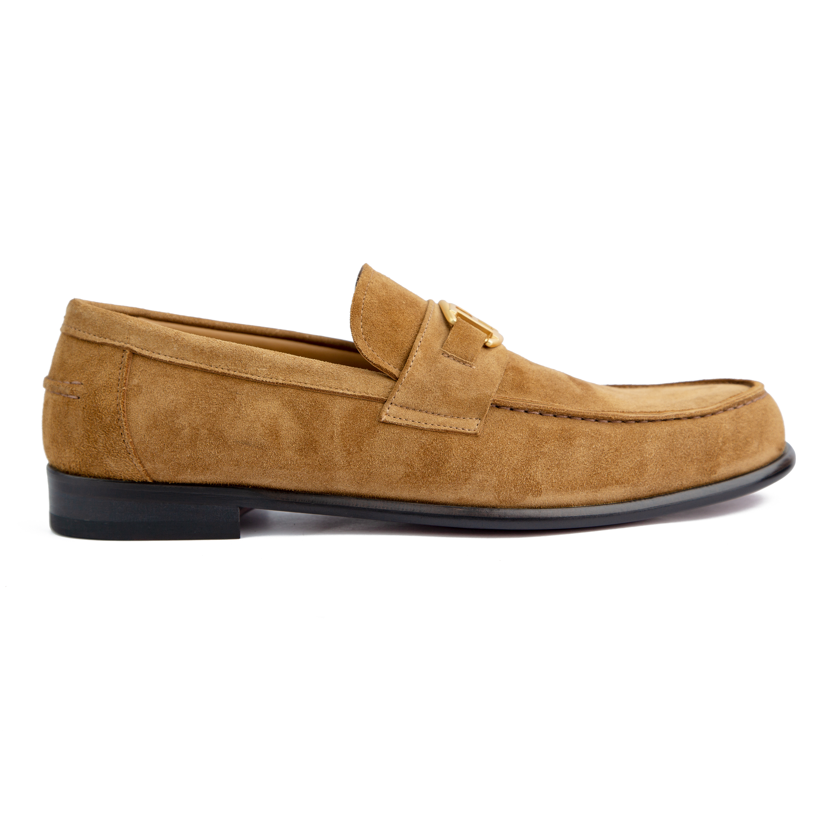 Men's Tan Suede Loafers with Gold Monogram Accent - Premium Quality
