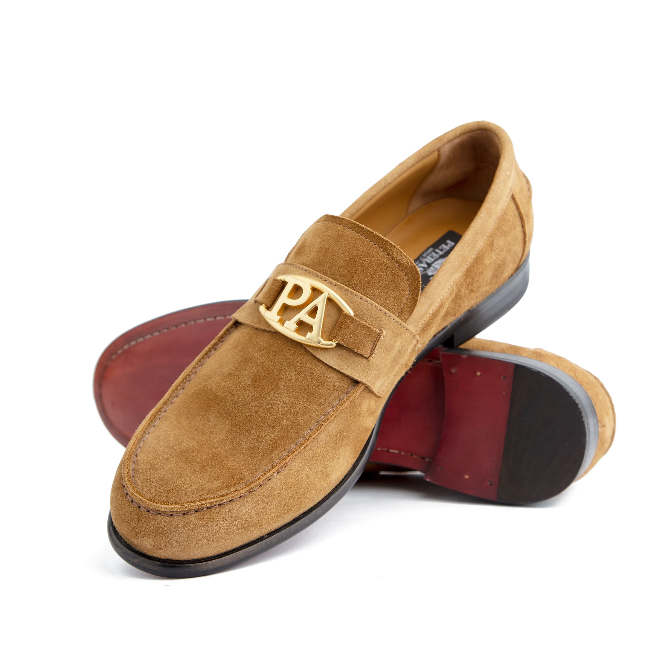 Men's Tan Suede Loafers with Gold Monogram Accent - Premium Quality