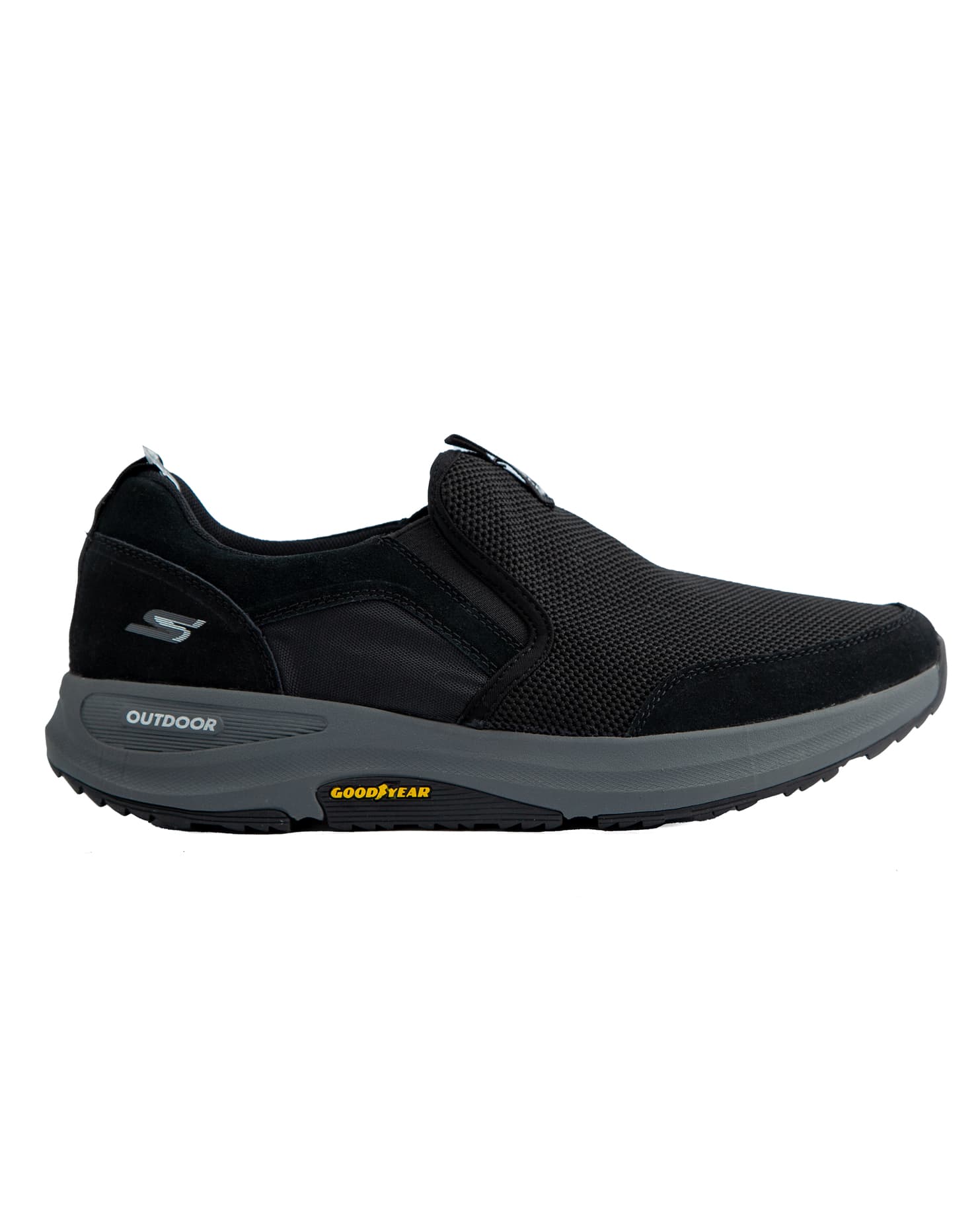 Skechers GO WALK Outdoor Arch Fit - Grand Horizon men's shoes in black with grey trim, featuring a mesh and synthetic upper and a rugged outsole.