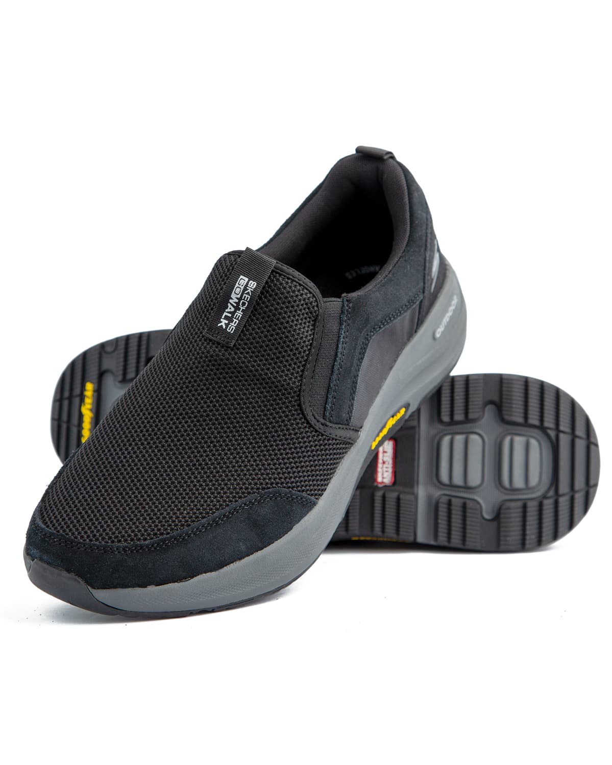 Skechers GO WALK Outdoor Arch Fit - Grand Horizon men's shoes in black with grey trim, featuring a mesh and synthetic upper and a rugged outsole.