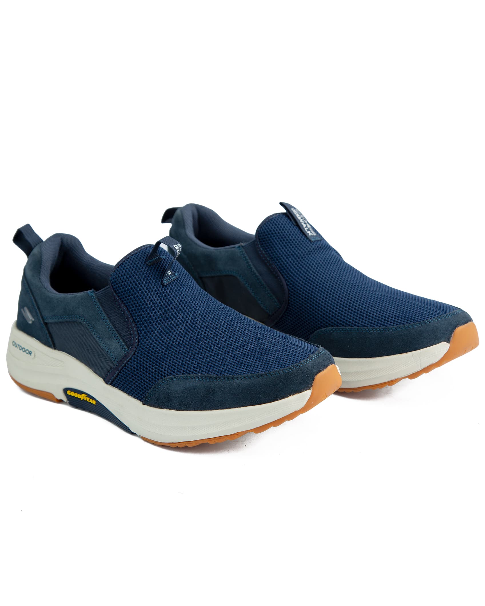 Skechers Go Walk Outdoor Shoes, Navy blue with tan accents, featuring breathable mesh and suede upper, lace-up closure, and durable traction outsole.