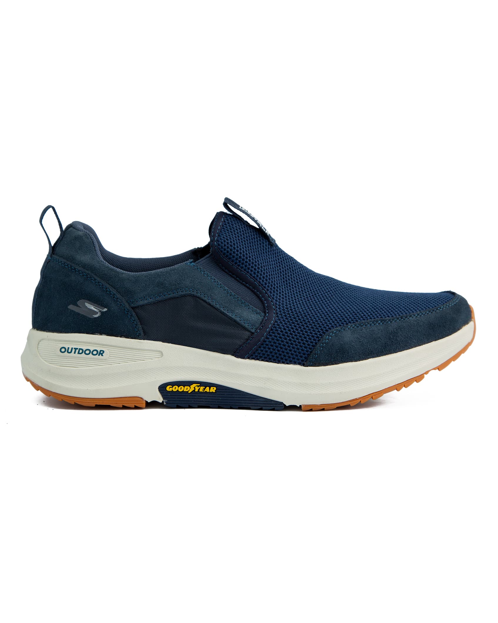 Skechers Go Walk Outdoor Shoes, Navy blue with tan accents, featuring breathable mesh and suede upper, lace-up closure, and durable traction outsole.
