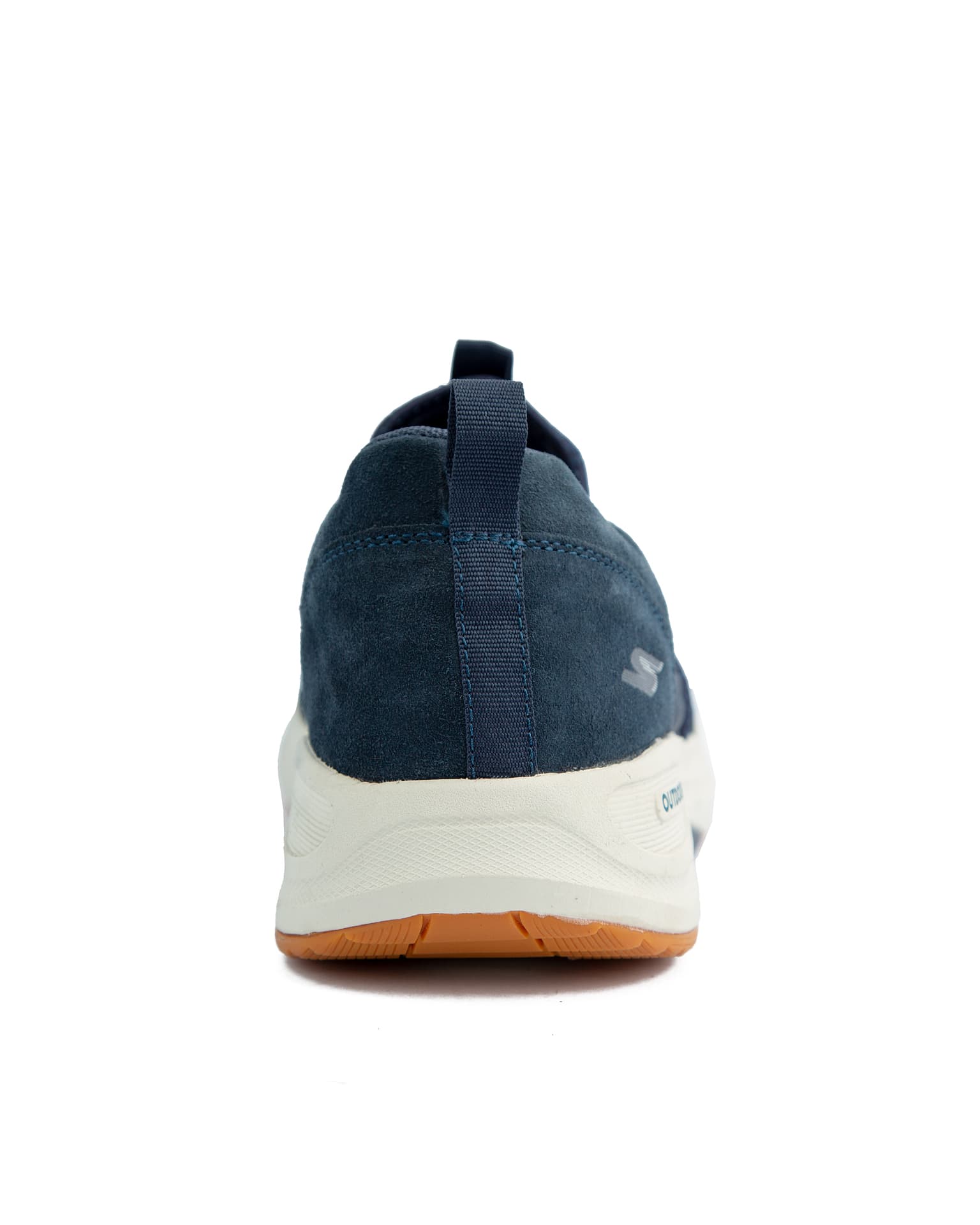 Skechers Go Walk Outdoor Shoes, Navy blue with tan accents, featuring breathable mesh and suede upper, lace-up closure, and durable traction outsole.