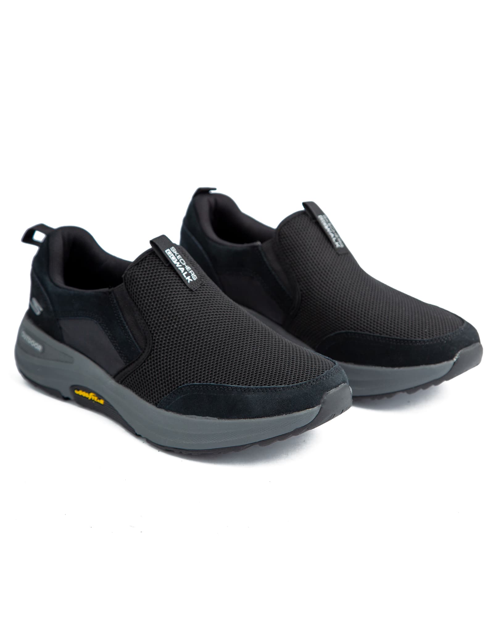 Skechers Go Walk Shoes, Black with grey soles, featuring a breathable mesh upper,  and lightweight construction.