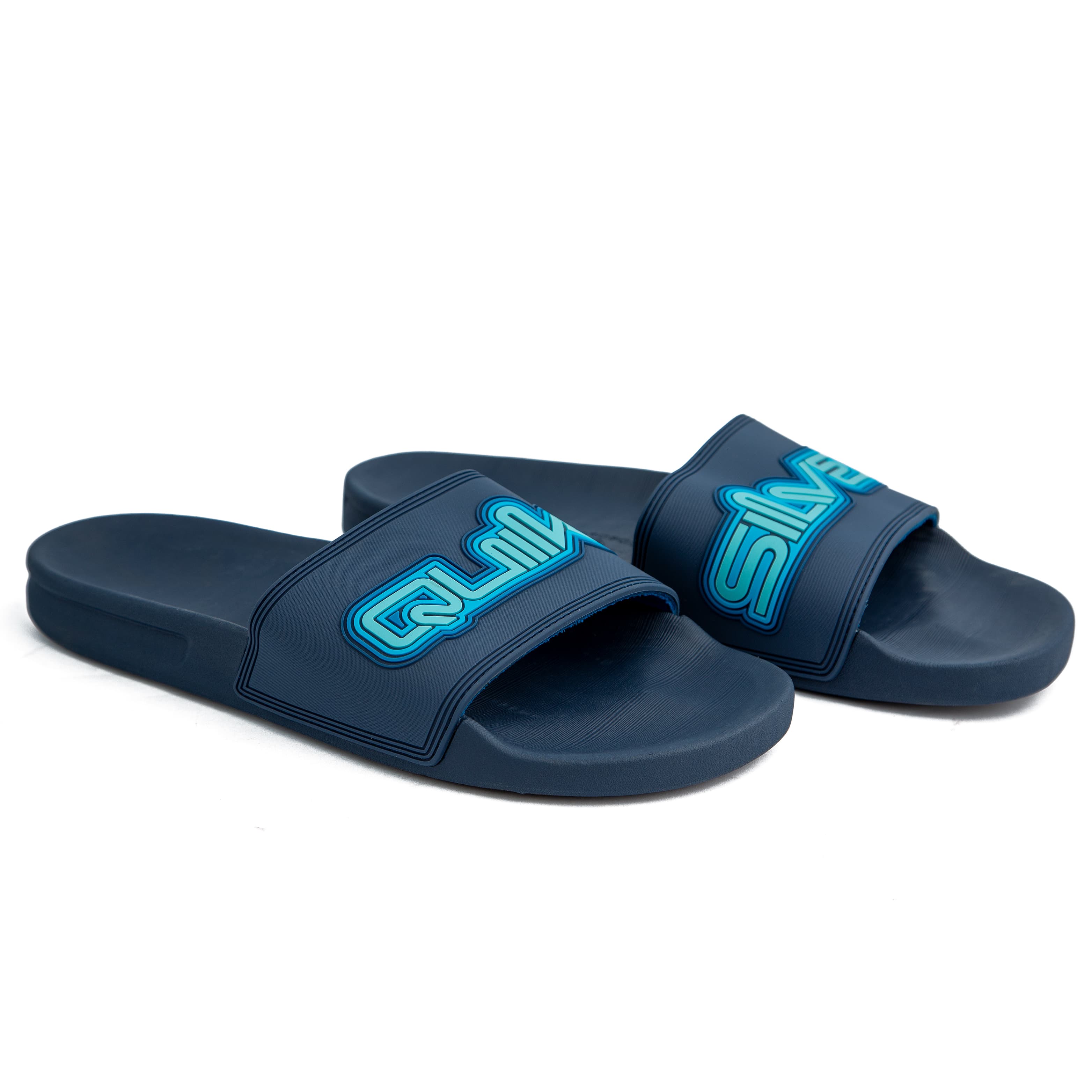 Quiksilver Molokai Layback Slides in navy blue with a blue gradient logo. Comfortable, stylish, and perfect for casual wear, beach, or poolside lounging.